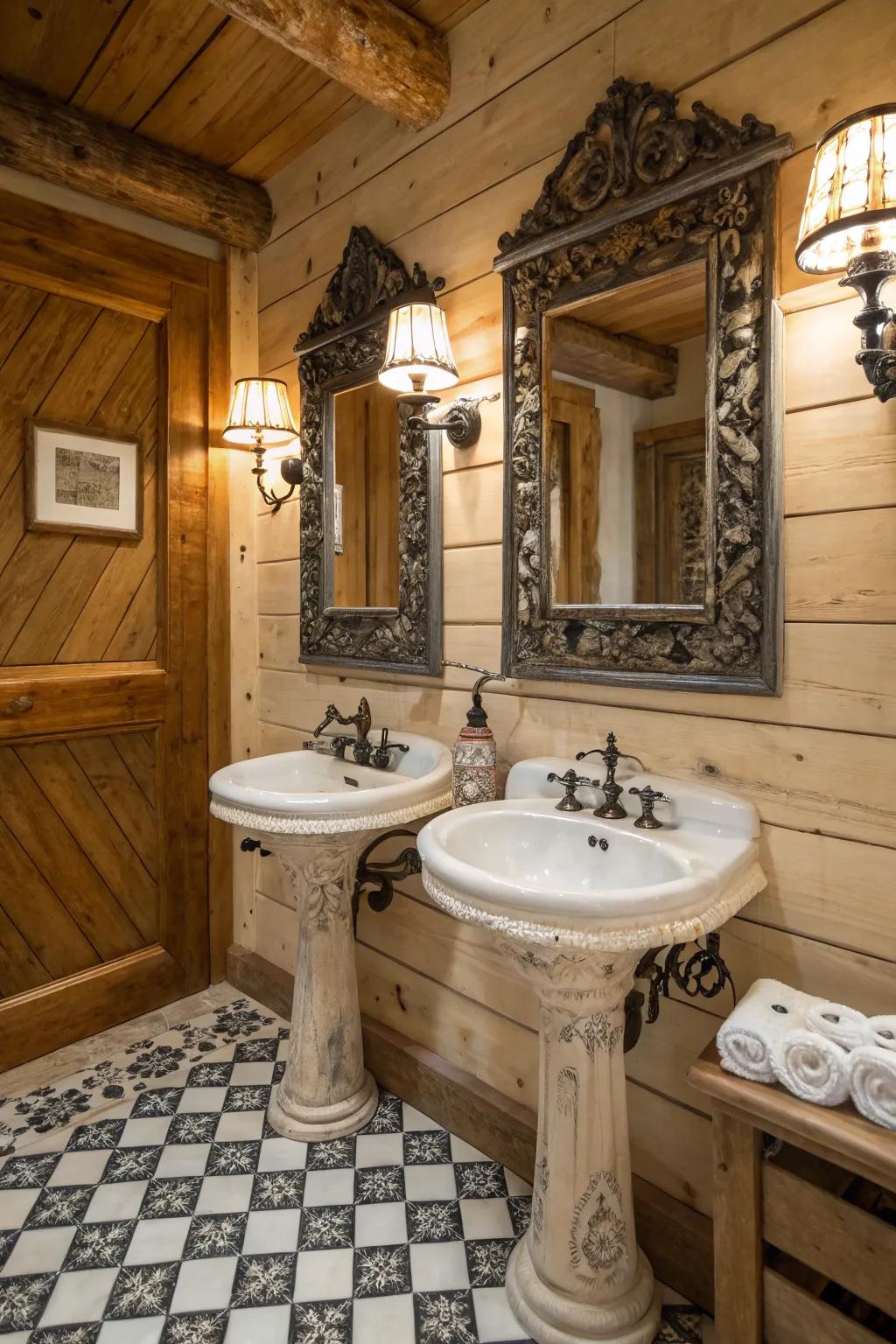 Vintage accents impart allure and individuality to any farmhouse bathroom.