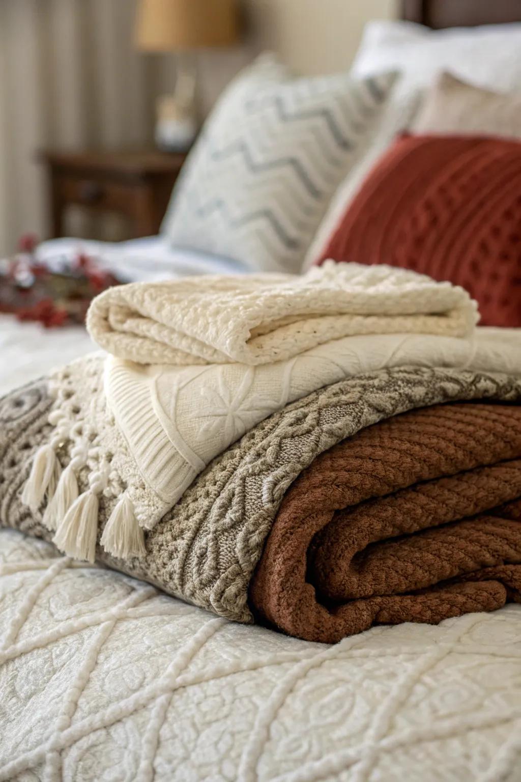 Layered textures give the bedding warmth and depth.
