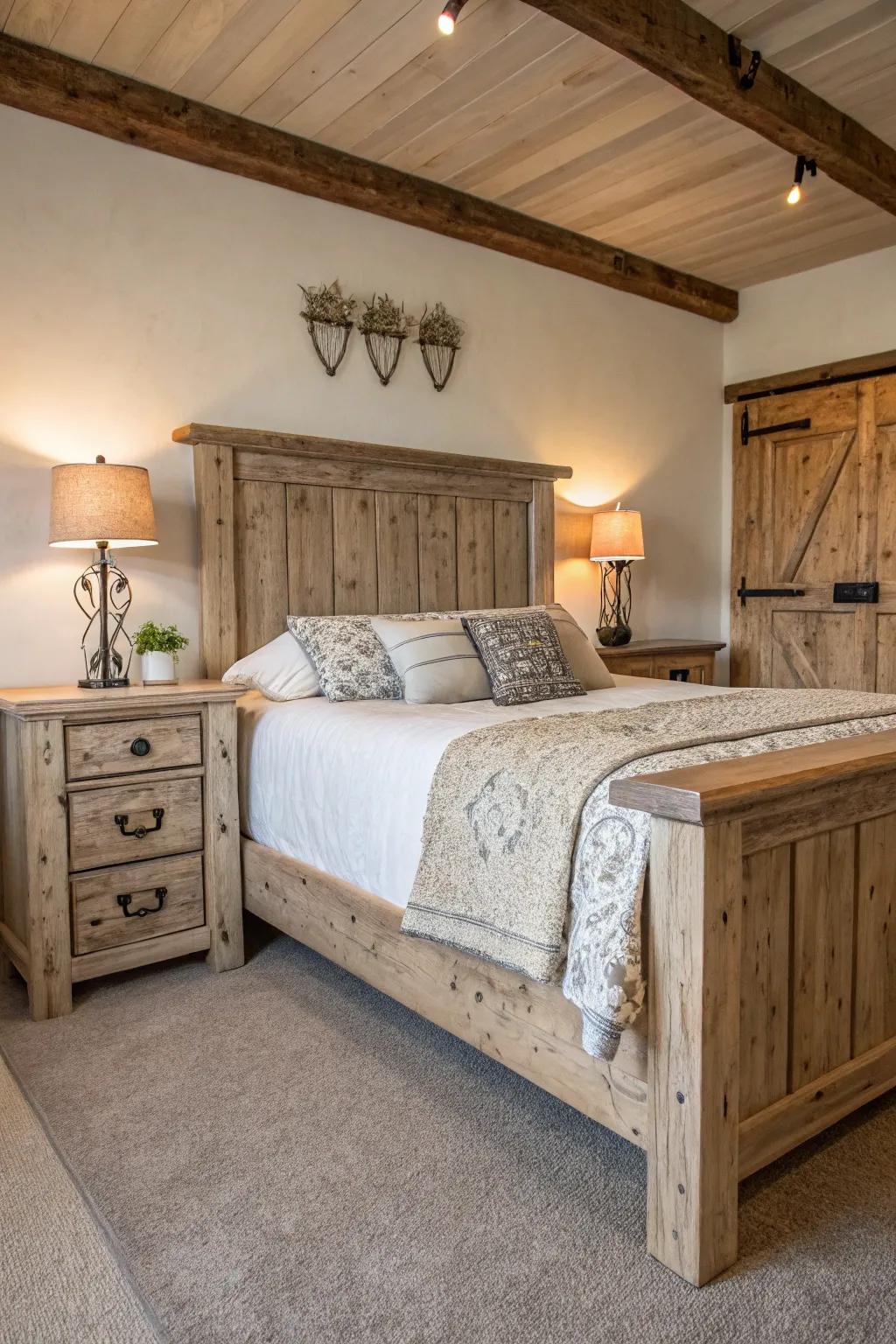 Weathered timber furnishings impart a timeless charm to any bedroom.