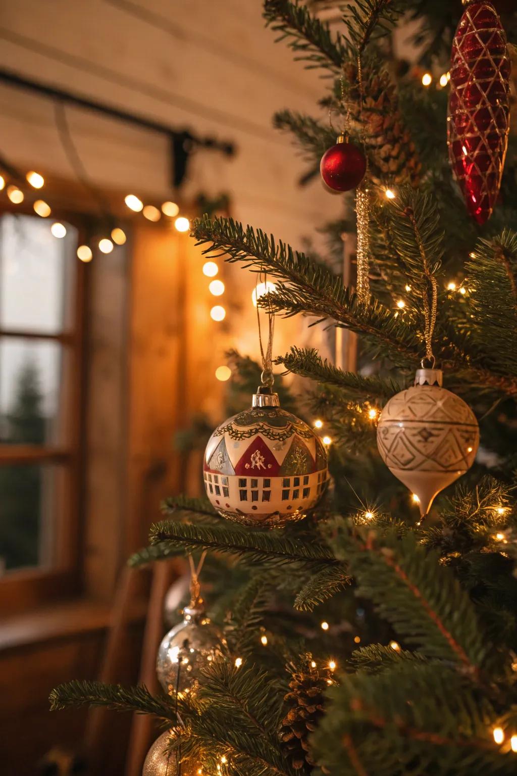 Vintage ornaments provide a touch of nostalgia to this farmhouse Christmas tree.
