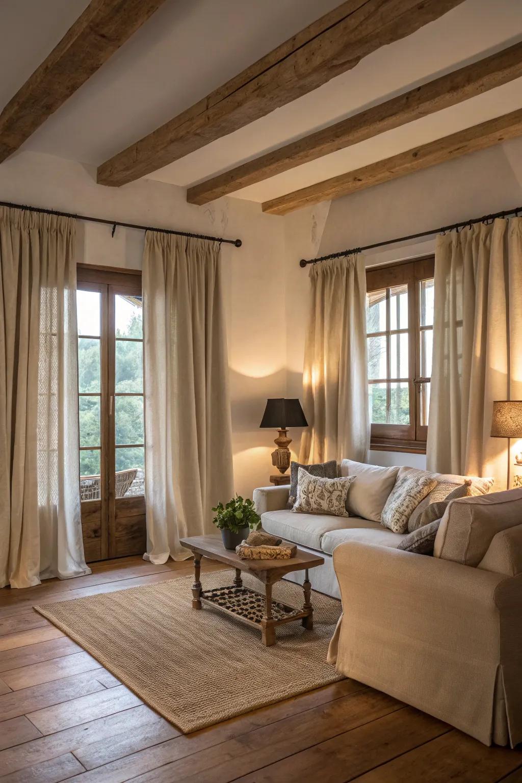 Curtains in neutral shades complementing wooden floors in a tranquil farmhouse living room.