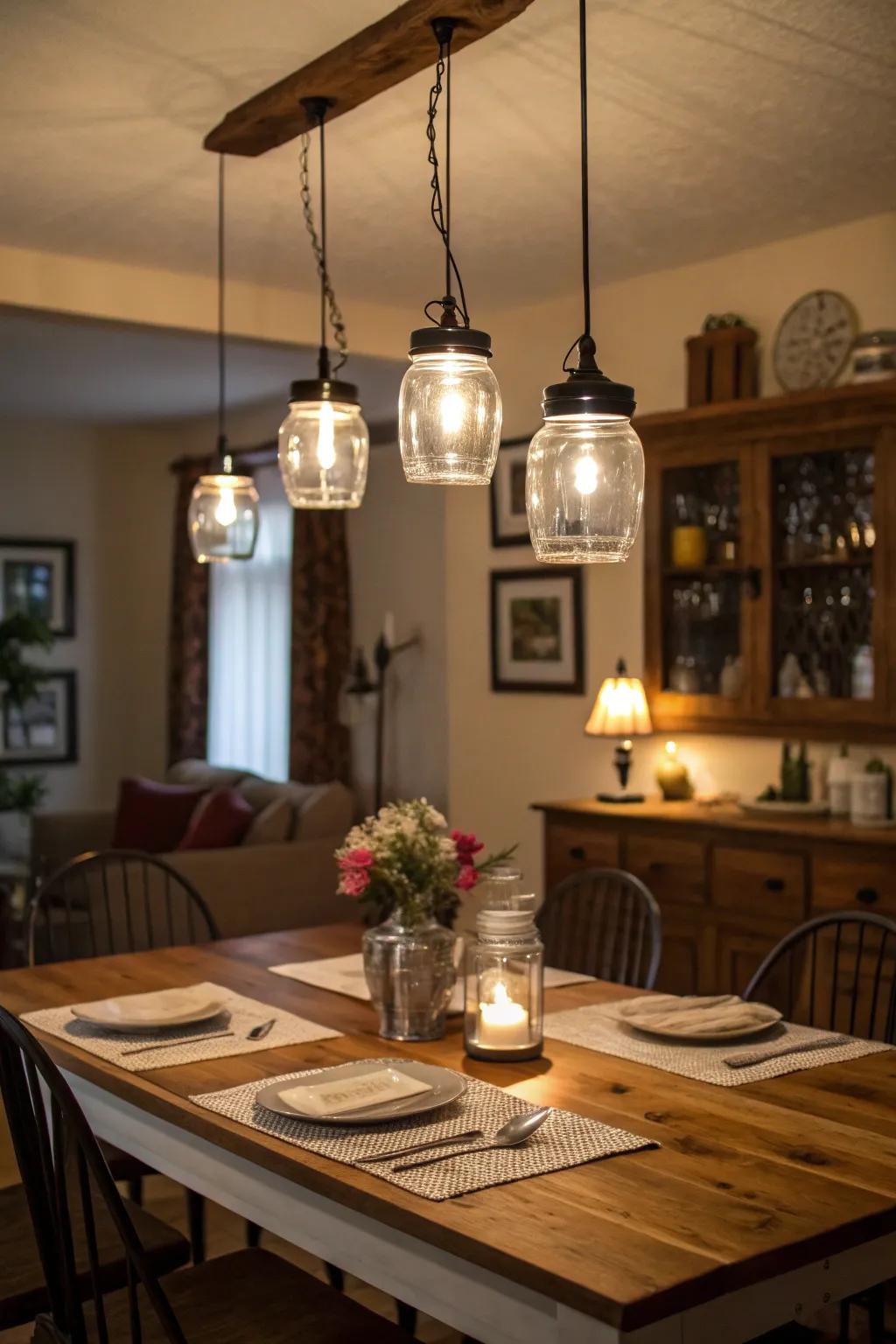 Fruit preserve container lights introduce a fun and rustic allure to your dining space.