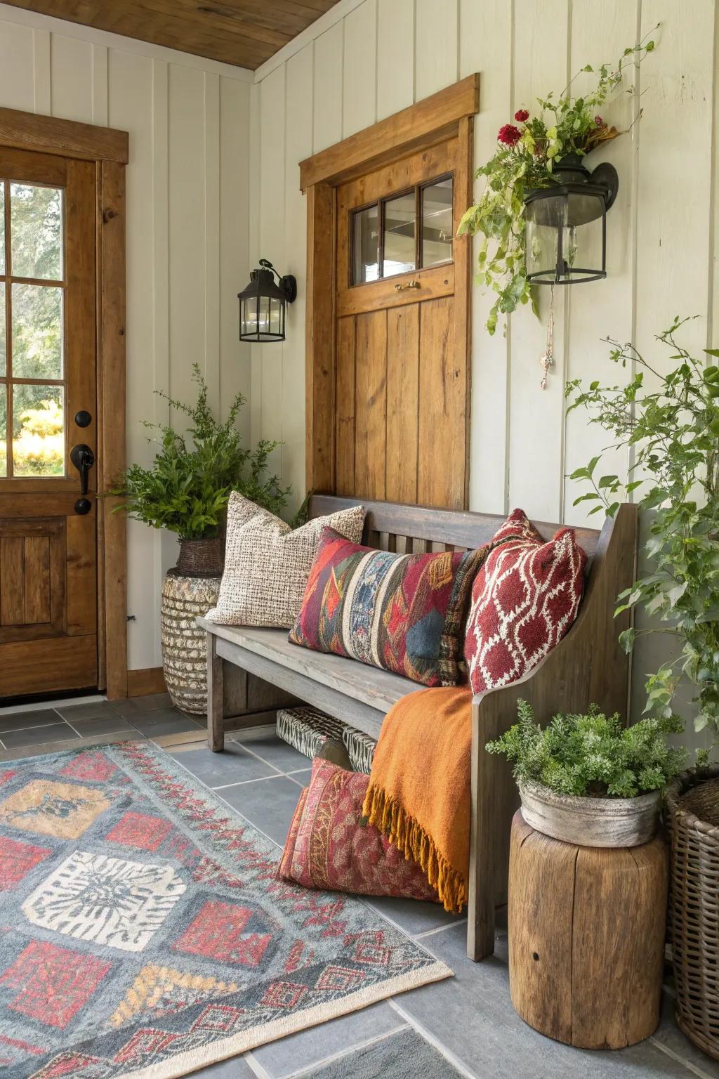 A farmhouse bench adorned with colorful, textured cushions.