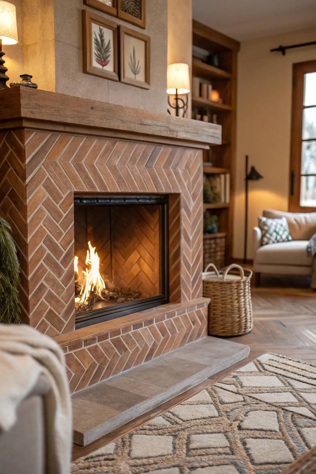 A sophisticated herringbone tile pattern on a farmhouse fireplace.