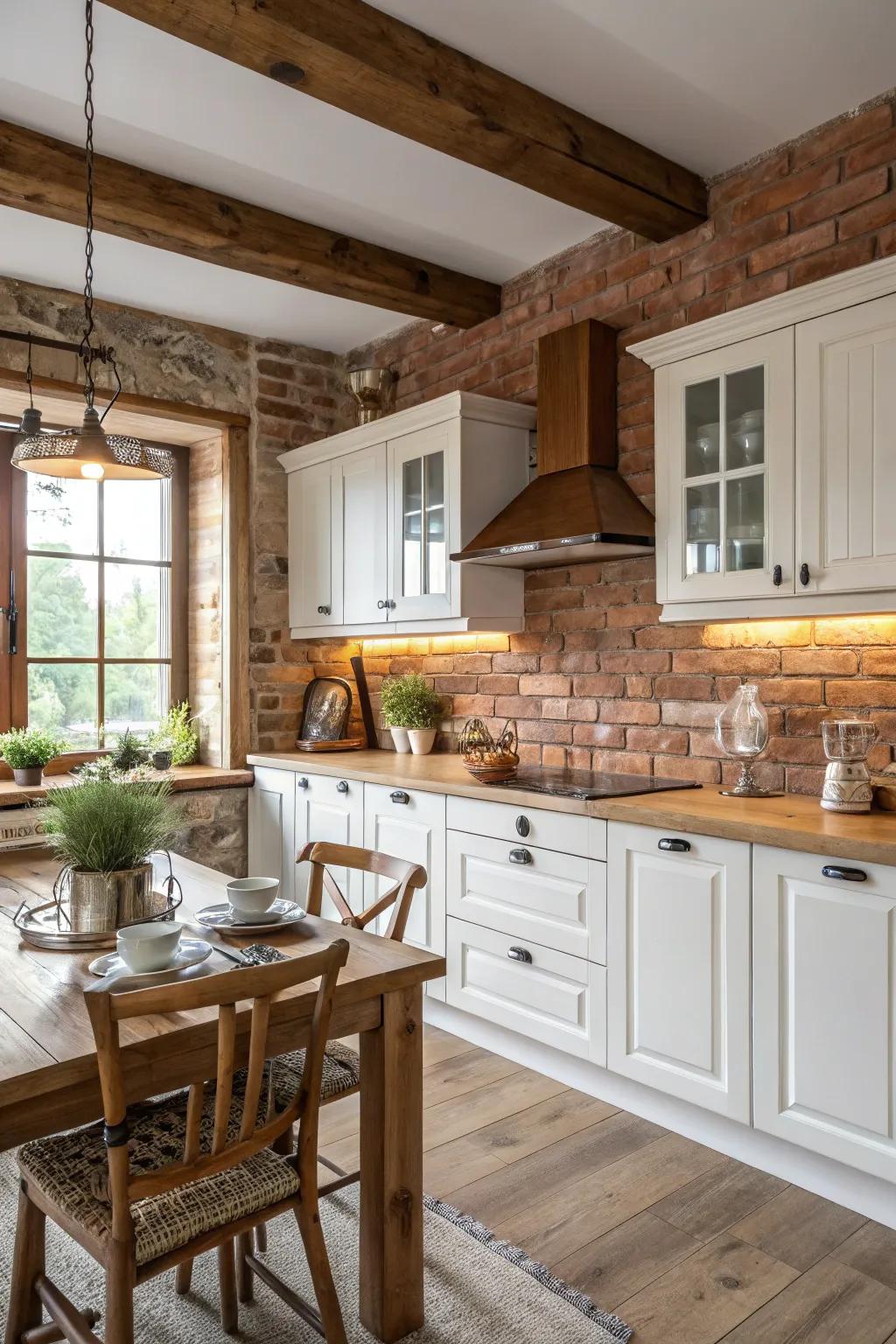 A stone block backsplash introduces warmth and variation to ivory cabinets in this welcoming cooking space.