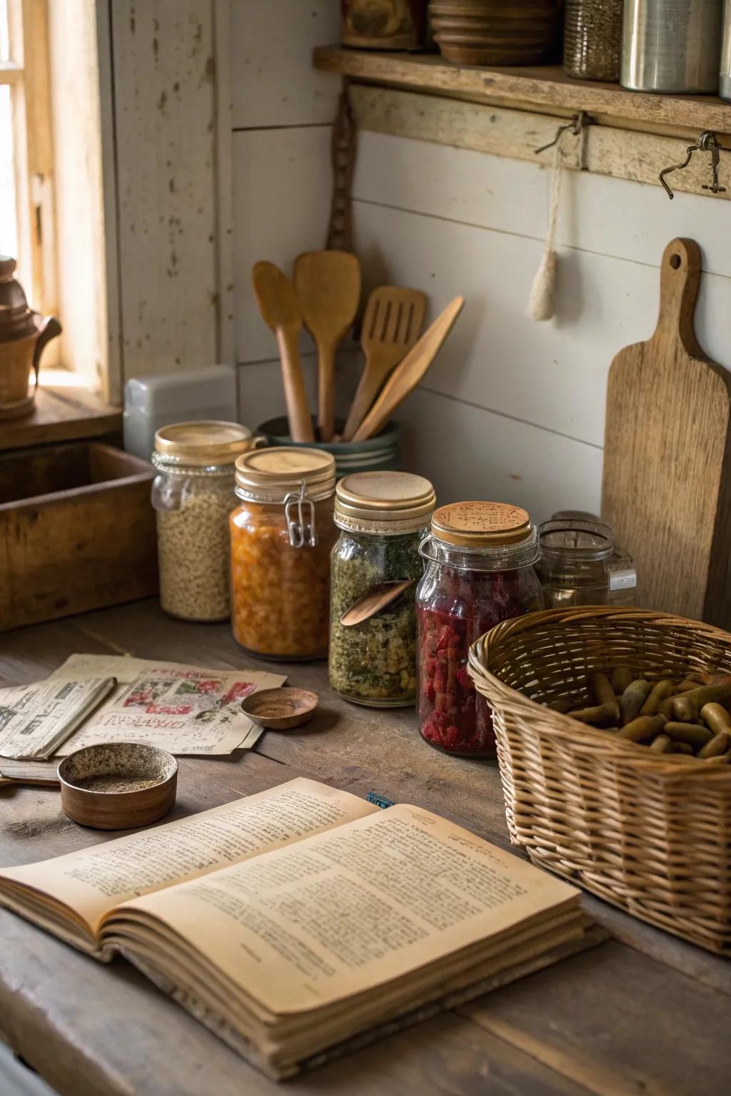 Delightful timeless containers adding character to a farmhouse kitchen.