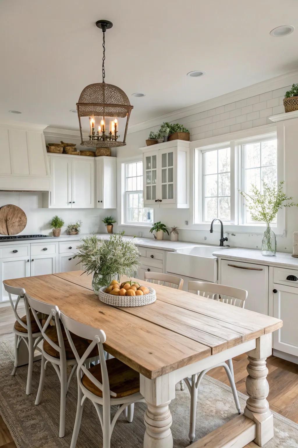 A bright farmhouse kitchen featuring white cabinets and neutral-colored accents.