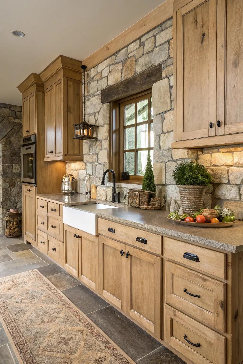 A harmonious integration of pale timber cabinetry and aggregate features in a country-style cooking space.