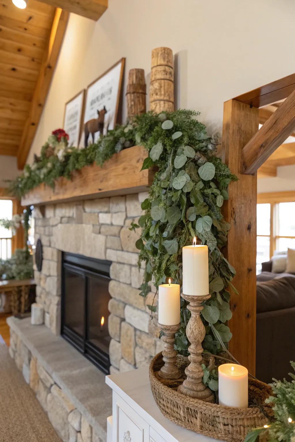 Eucalyptus garland introduces a refreshing, natural element to the countryside mantel.