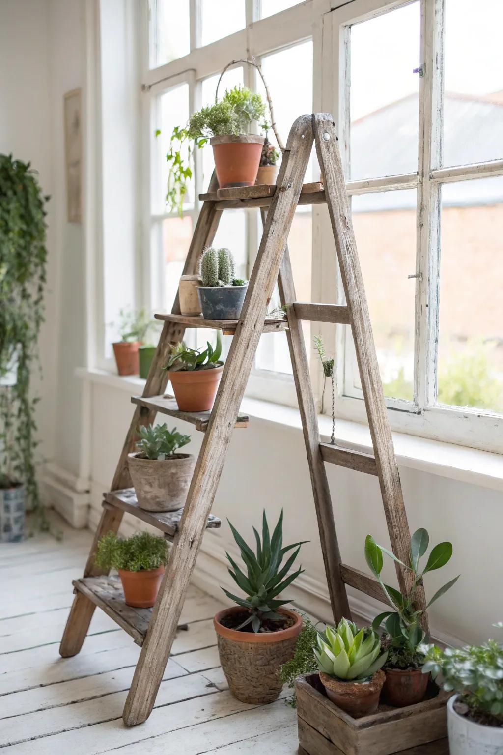 A vertical garden featuring a wooden ladder plant stand