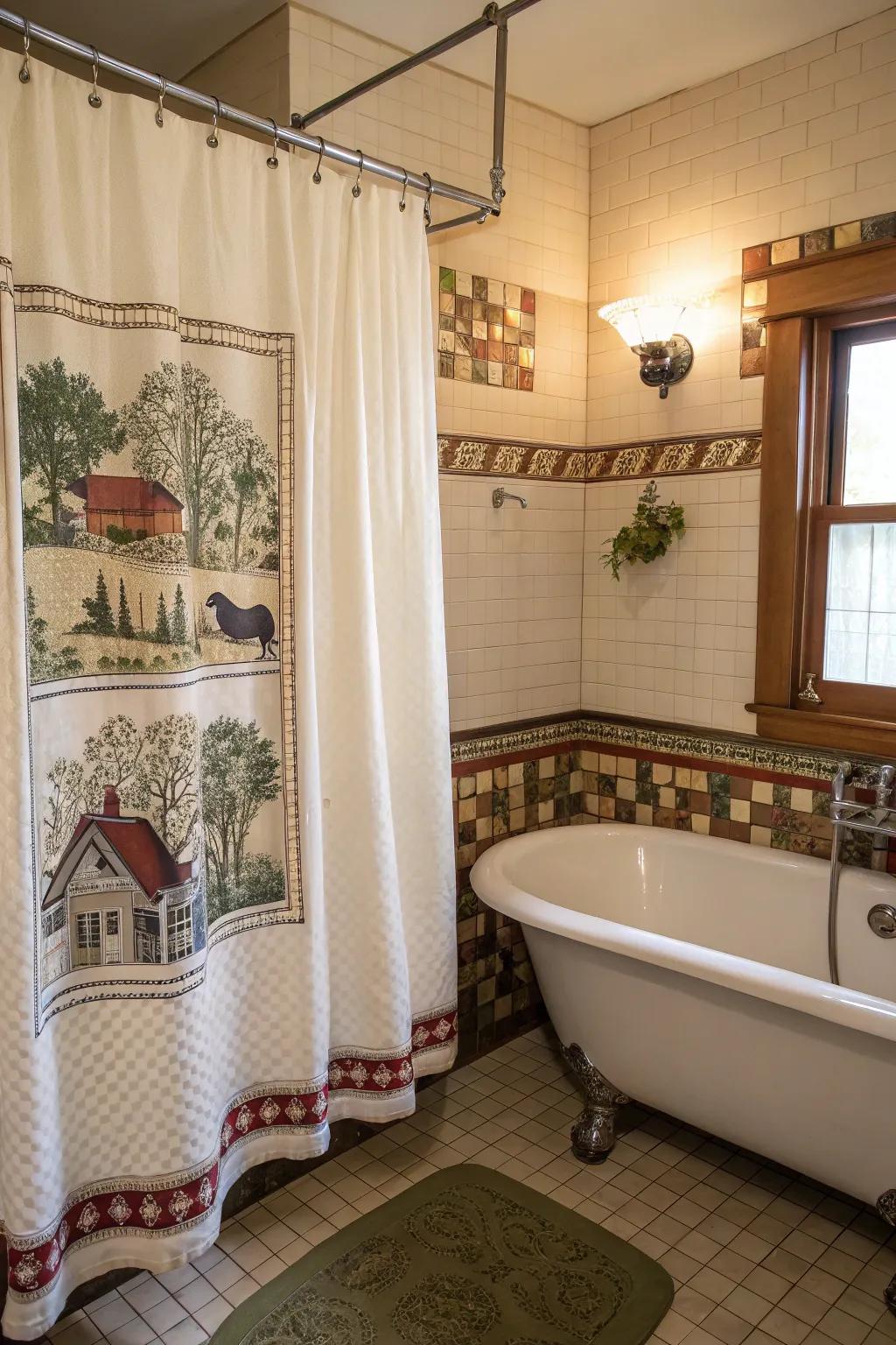 A classic-inspired bathroom with a drape featuring charming rural scenes.