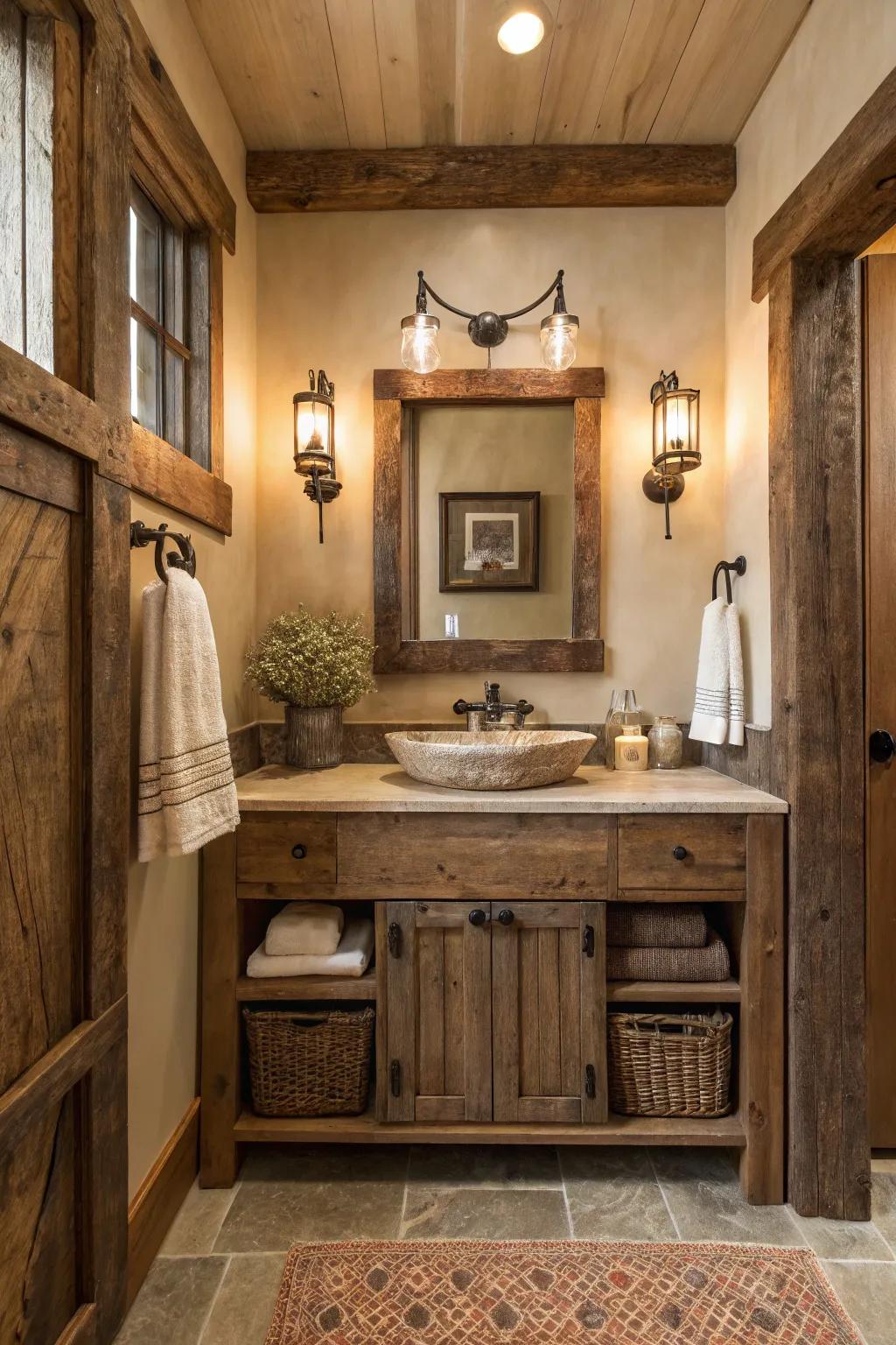 An upcycled wood vanity introduces rustic beauty to this farmhouse bathroom.