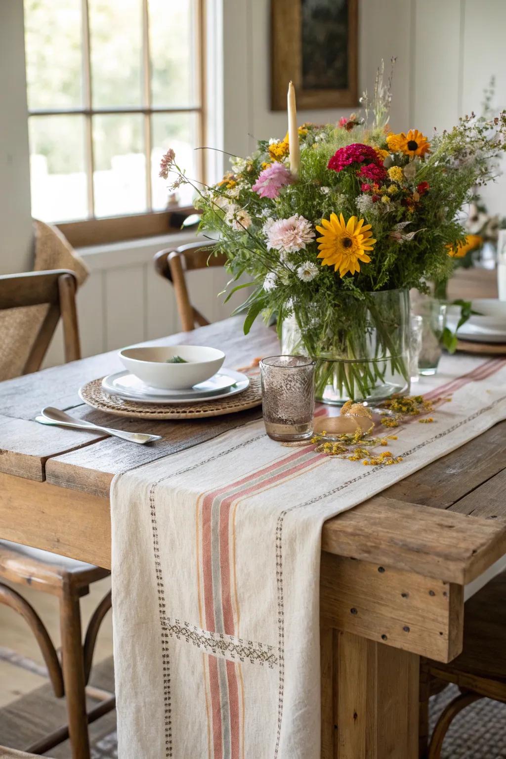 Layering cotton and linen runners adds a sense of depth to the arrangement.