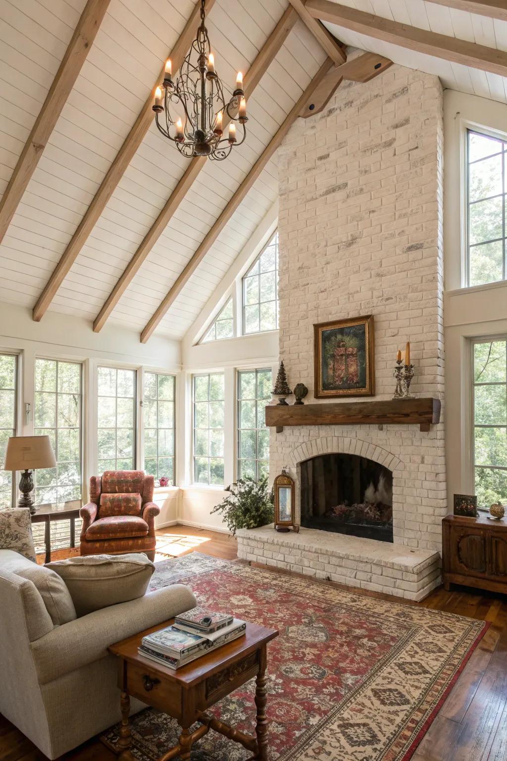 A whitewashed brick hearth in a sunlit and breezy living space.