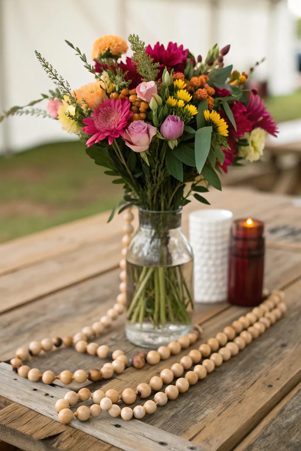 Vase adorned with a timber-sphere strand, introducing countryside allure.