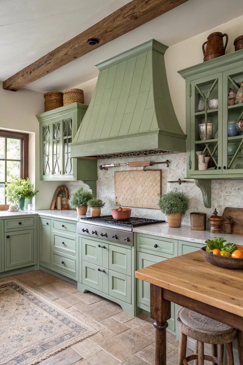 A sage green painted range hood merges flawlessly within a farmhouse kitchen setting.