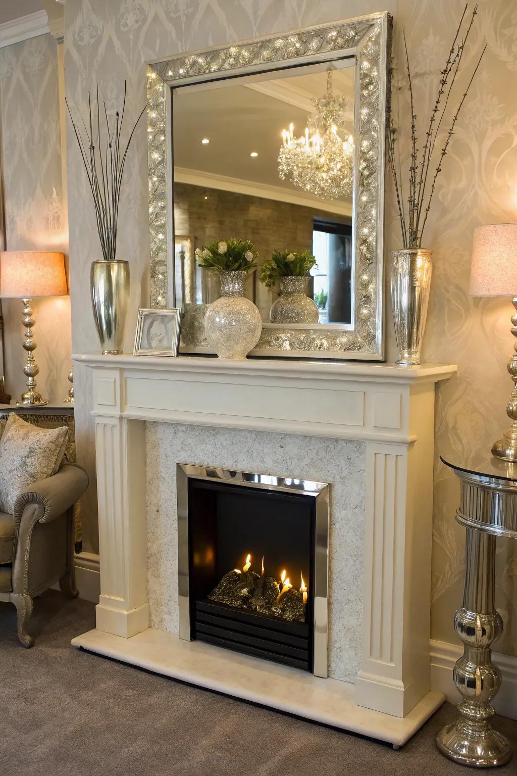 An artificial fireplace featuring a chic reflective panel setting for added dimension.