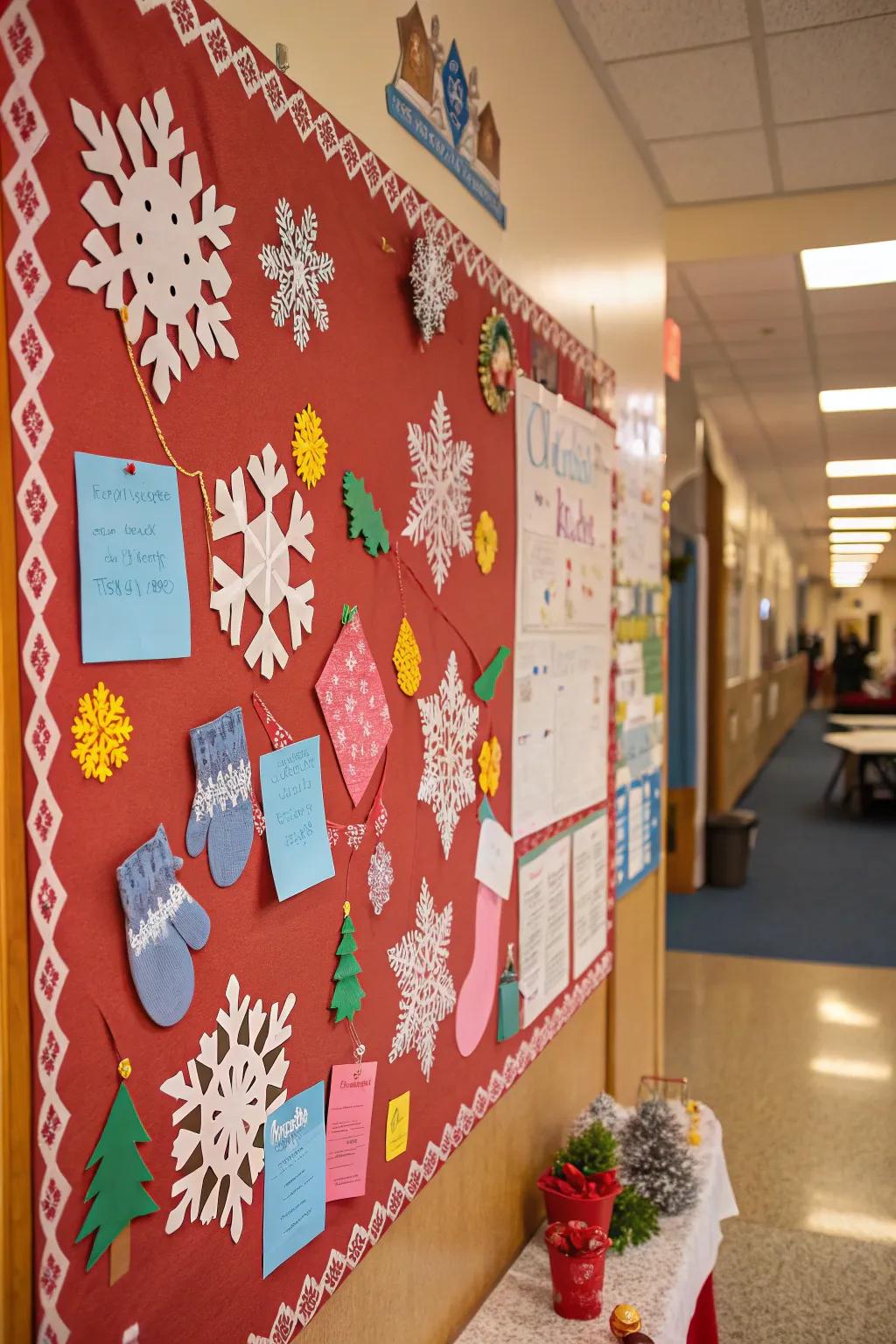 A winter wonderland-themed bulletin board featuring snowflakes and hand warmers.