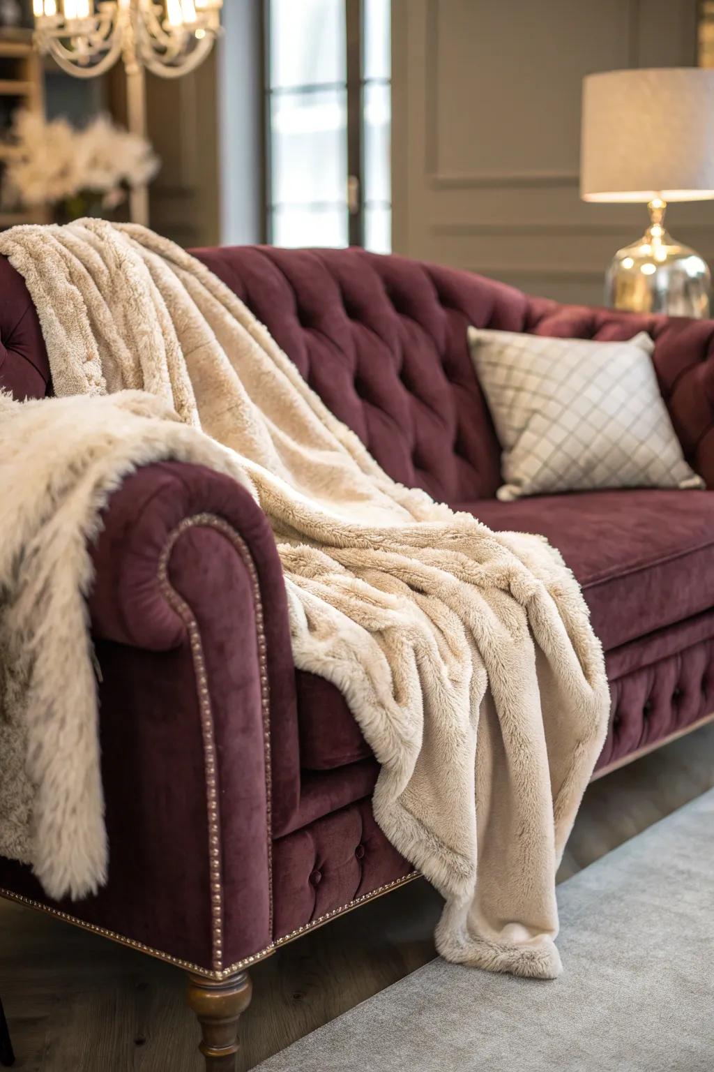 A velvet sofa embellished with snug simulated fur throws, conjuring an atmosphere of lavishness.