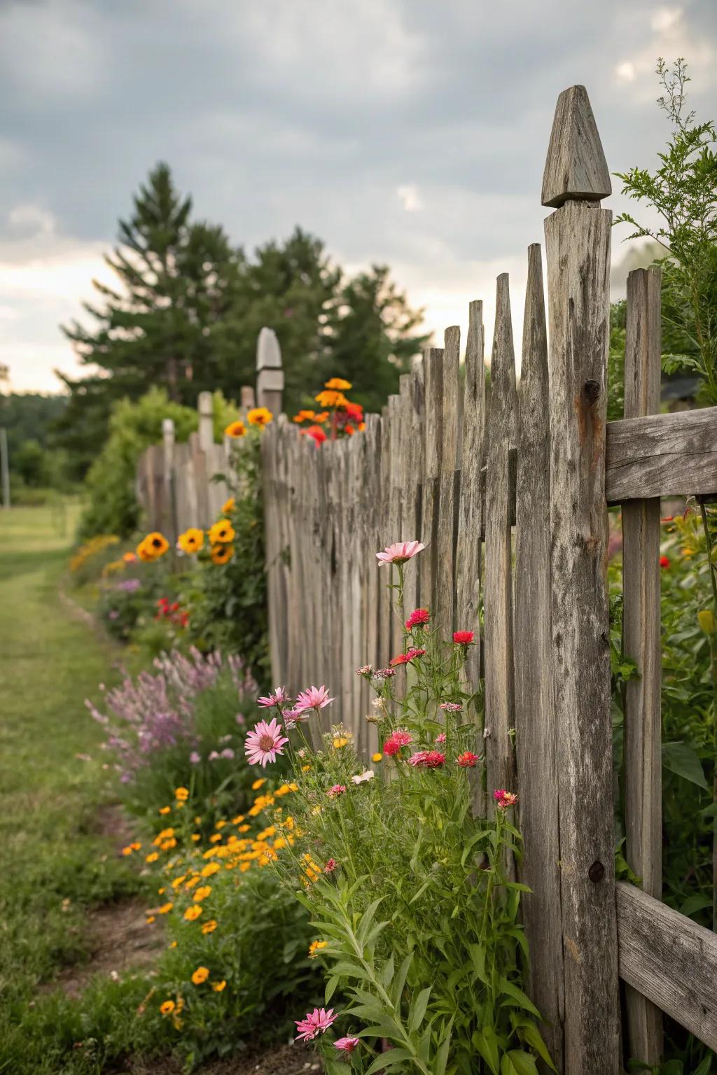 An unrefined fence fashioned from reclaimed timber imparts charm and sustainability.