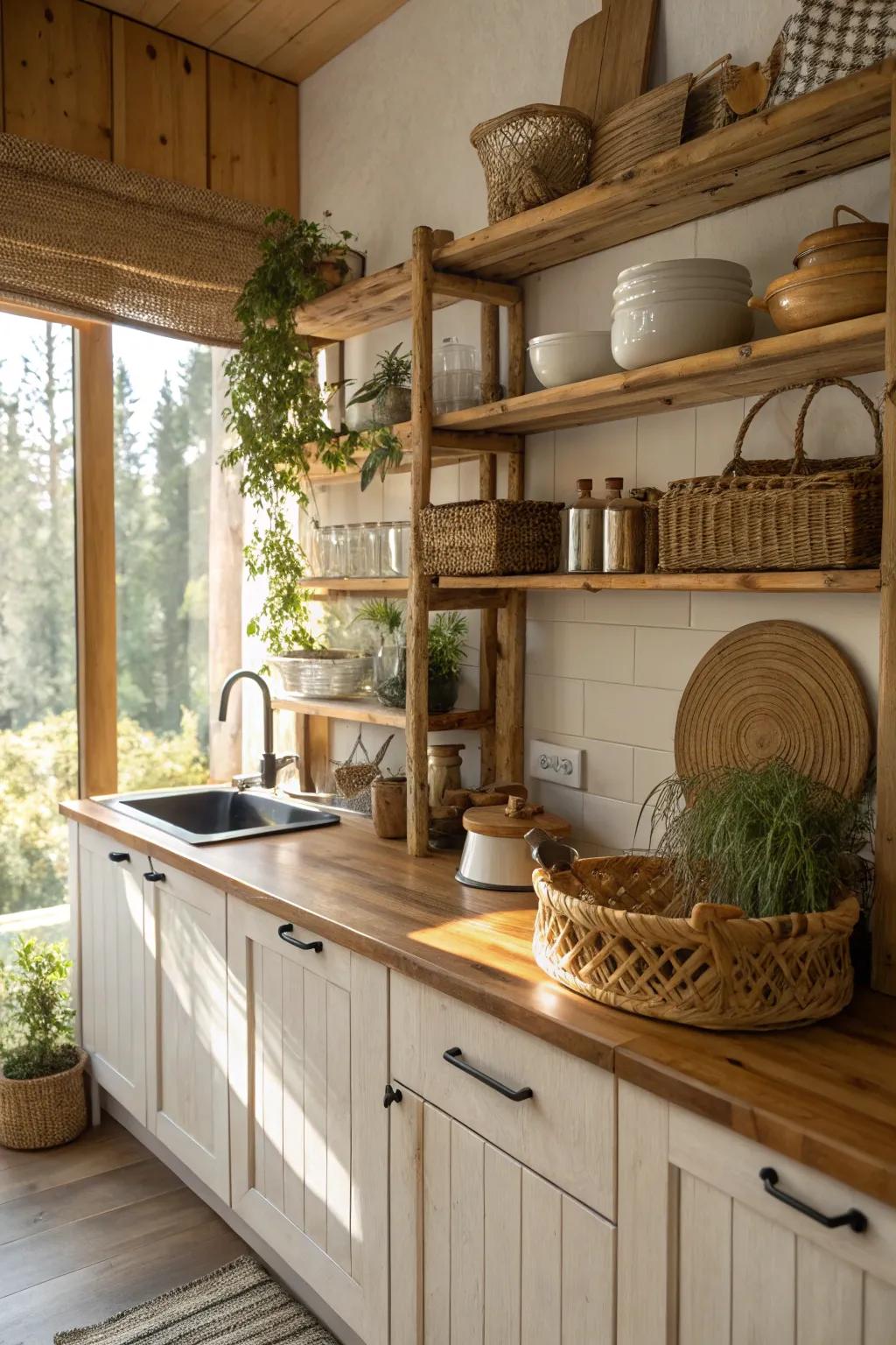 Rustic elegance: A kitchen beautifully showcasing the use of timber and cane.