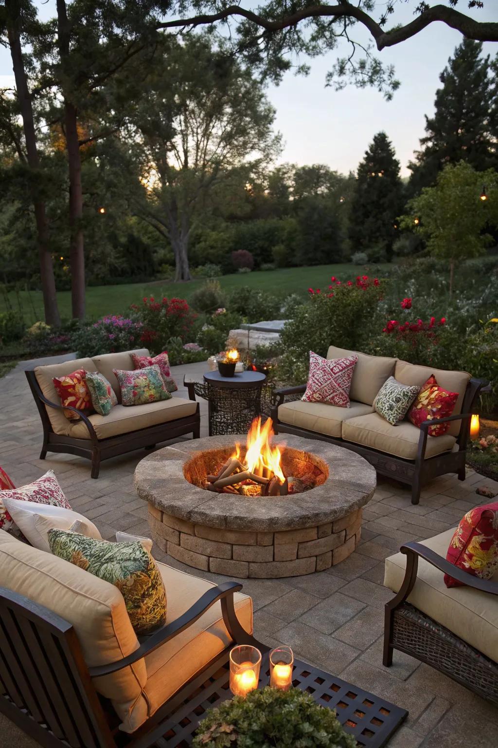 Cushioned seating provides both comfort and aesthetic appeal around the fire pit.