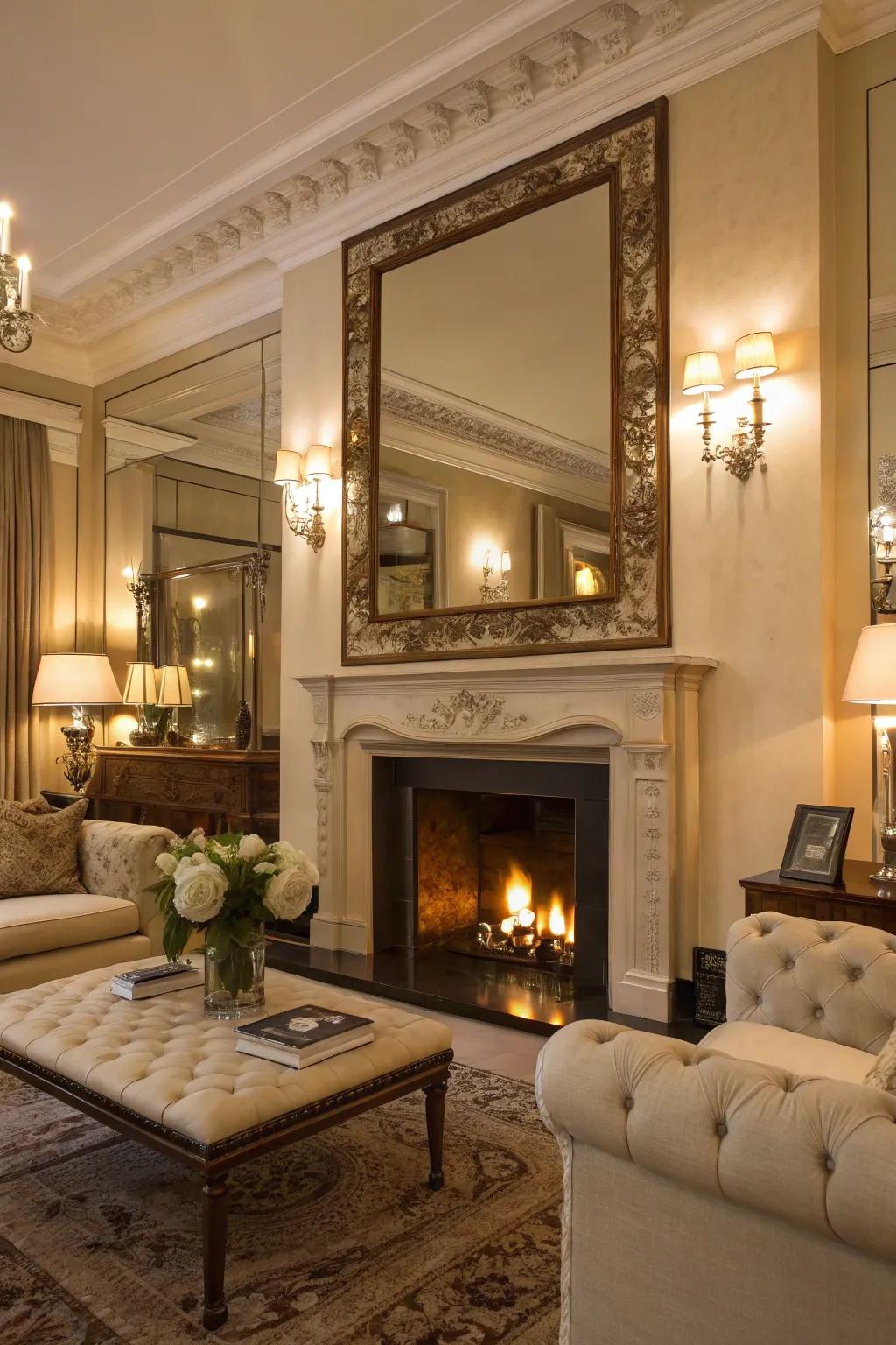 An elegant living space featuring a large mirror above the fireplace, enhancing depth and light.