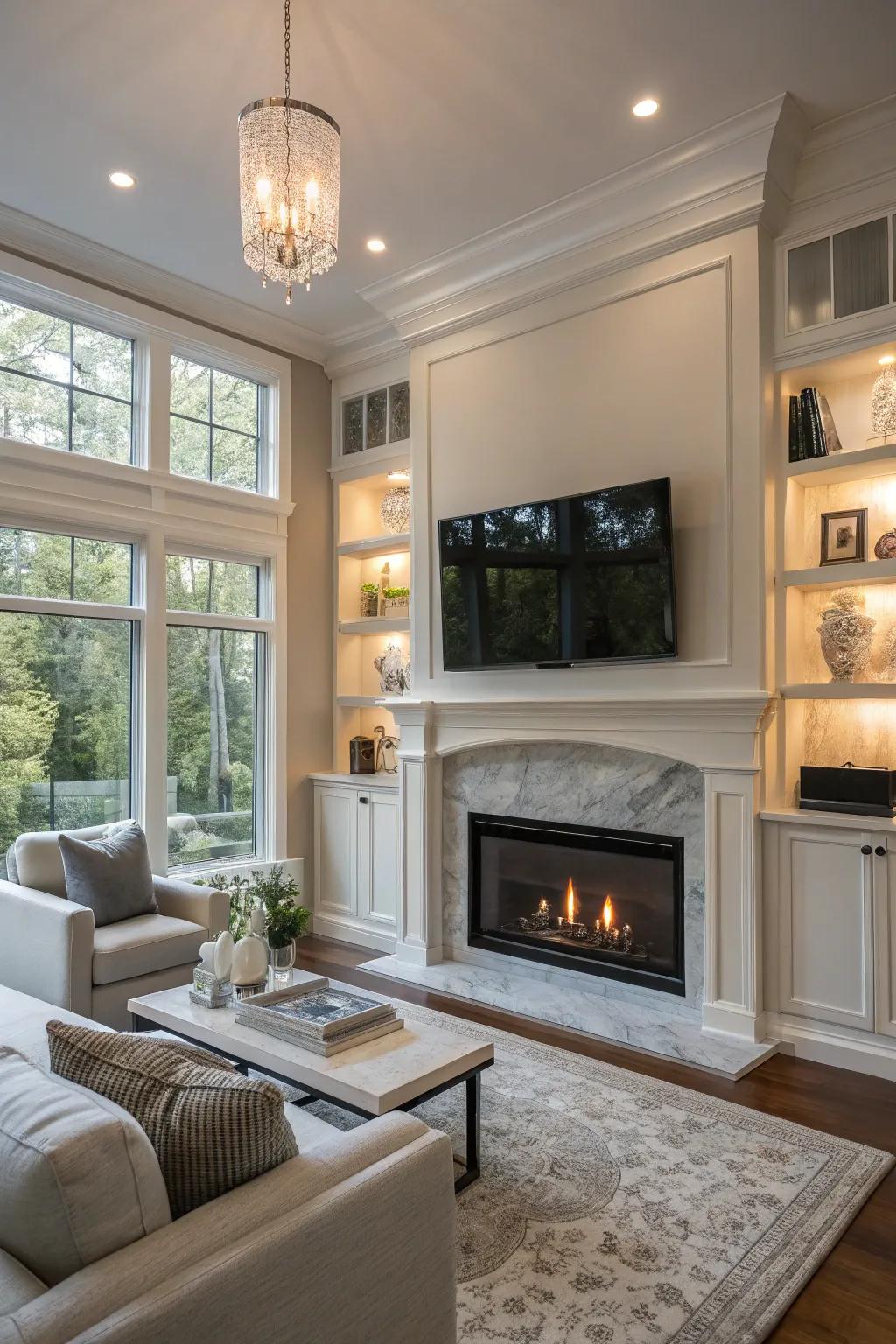 A smooth fusion of entertainment with an inviting fireplace arrangement.