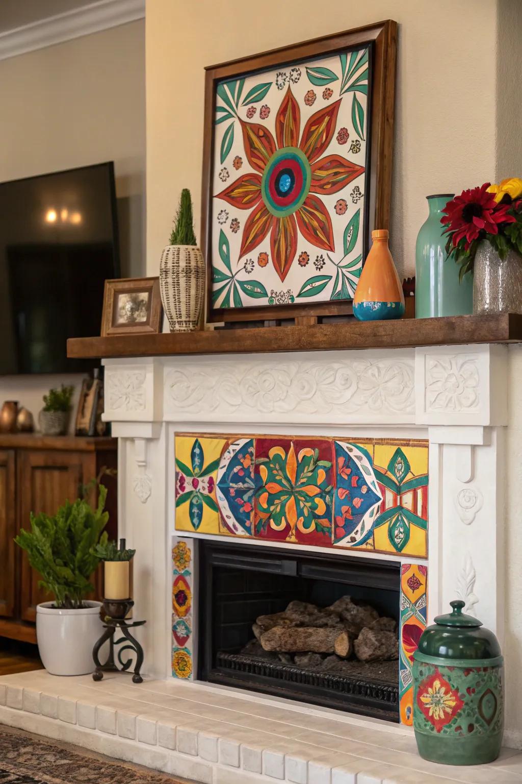 A lively piece of art adds character to the fireplace mantel