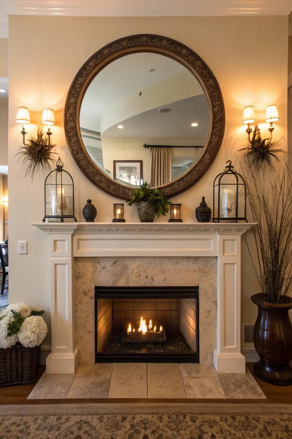 A fashionable circular mirror amplifies the sense of space above the mantel.