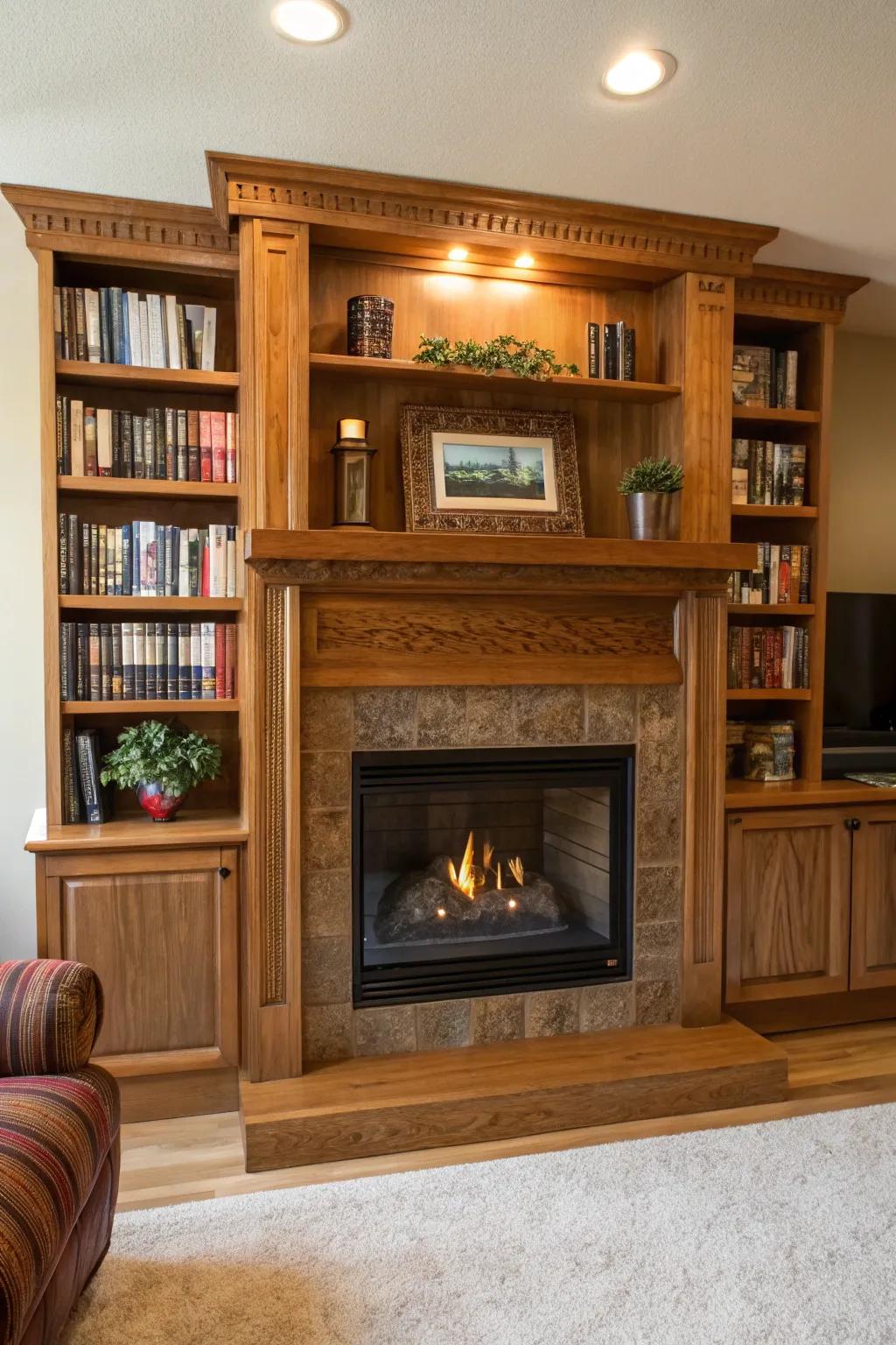 Integrated shelves enhance both the style and practicality of this appealing fireplace space.