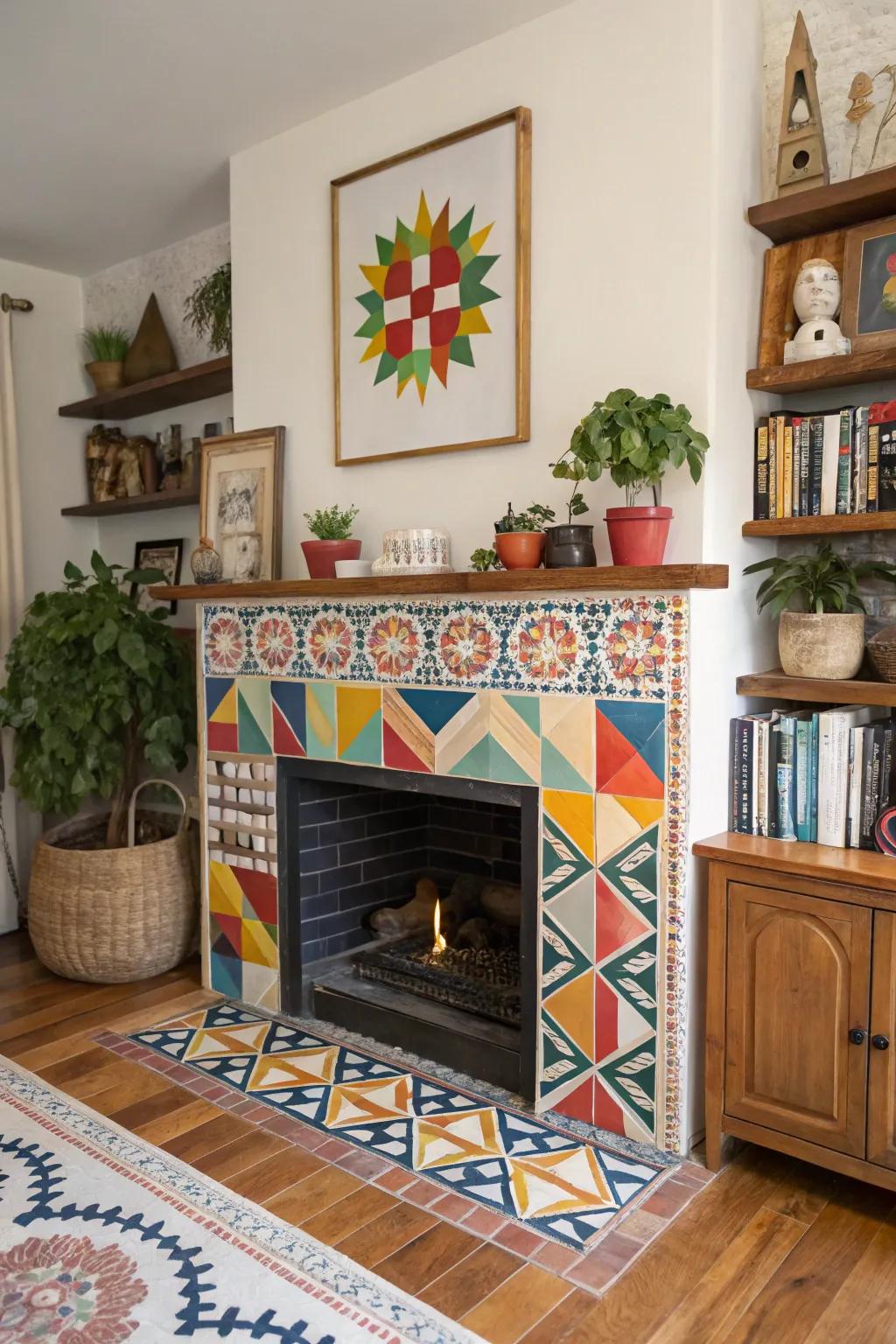 A dramatic geometric surround design transforms this fireplace into a captivating visual display.