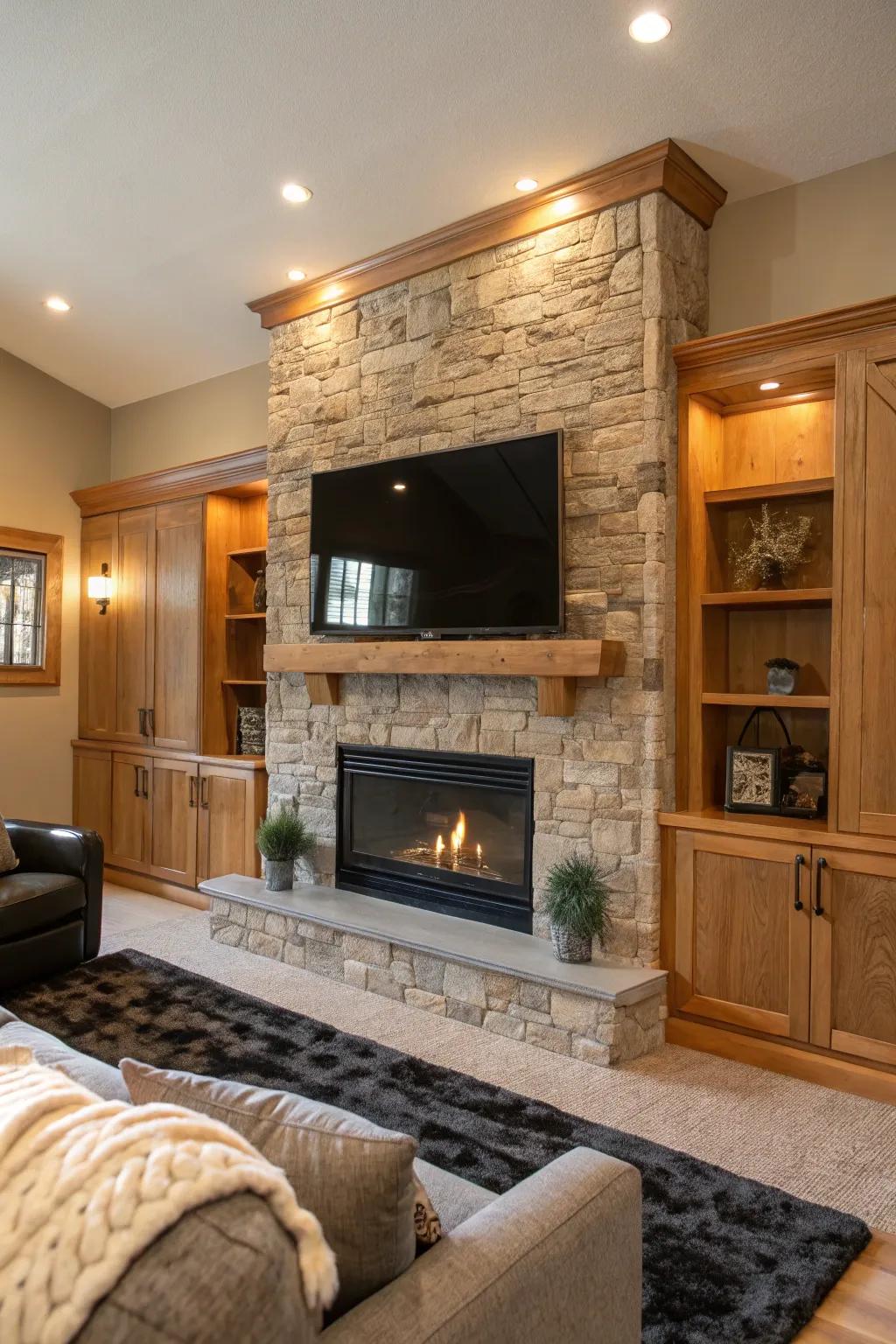 Discover balance using an integrated TV and fireplace wall, crafting a harmonious visual experience. #HomeHarmony #LivingRoomGoals