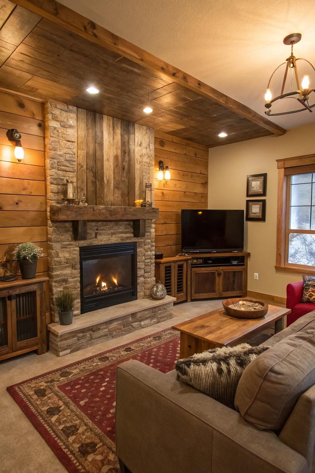 An inviting family room featuring a wood-accented fireplace wall and TV.