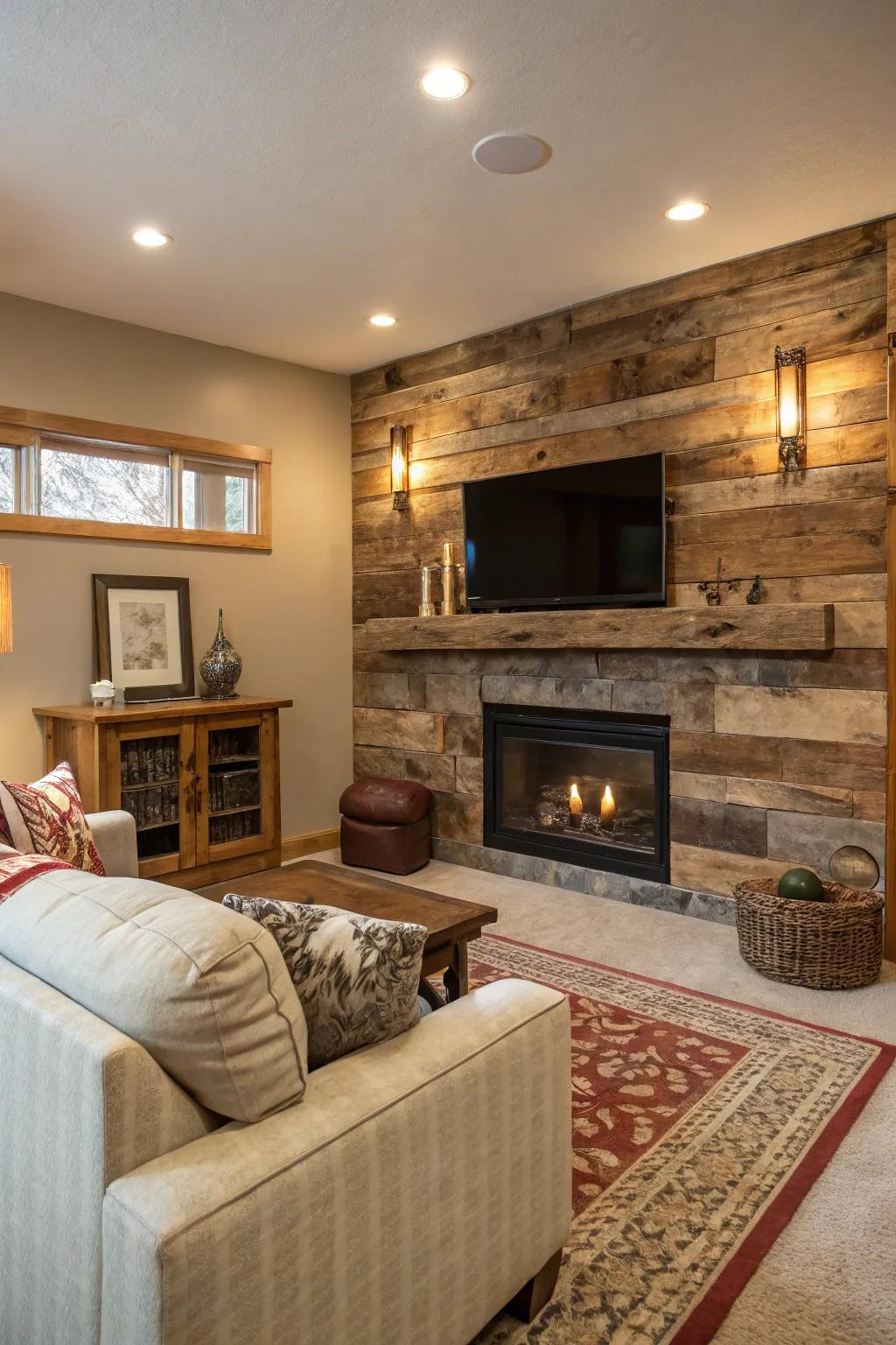 Salvaged lumber gives a countryside appeal for this fireplace wall.