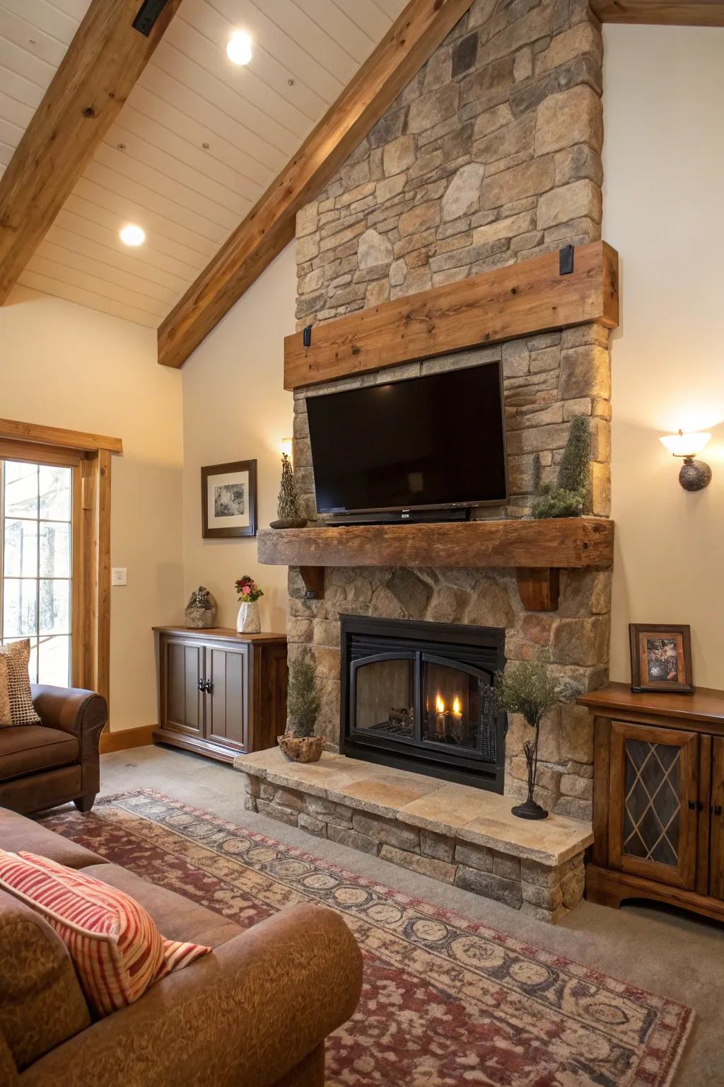 A country-style living room featuring a stone fireplace and TV, radiating warmth.