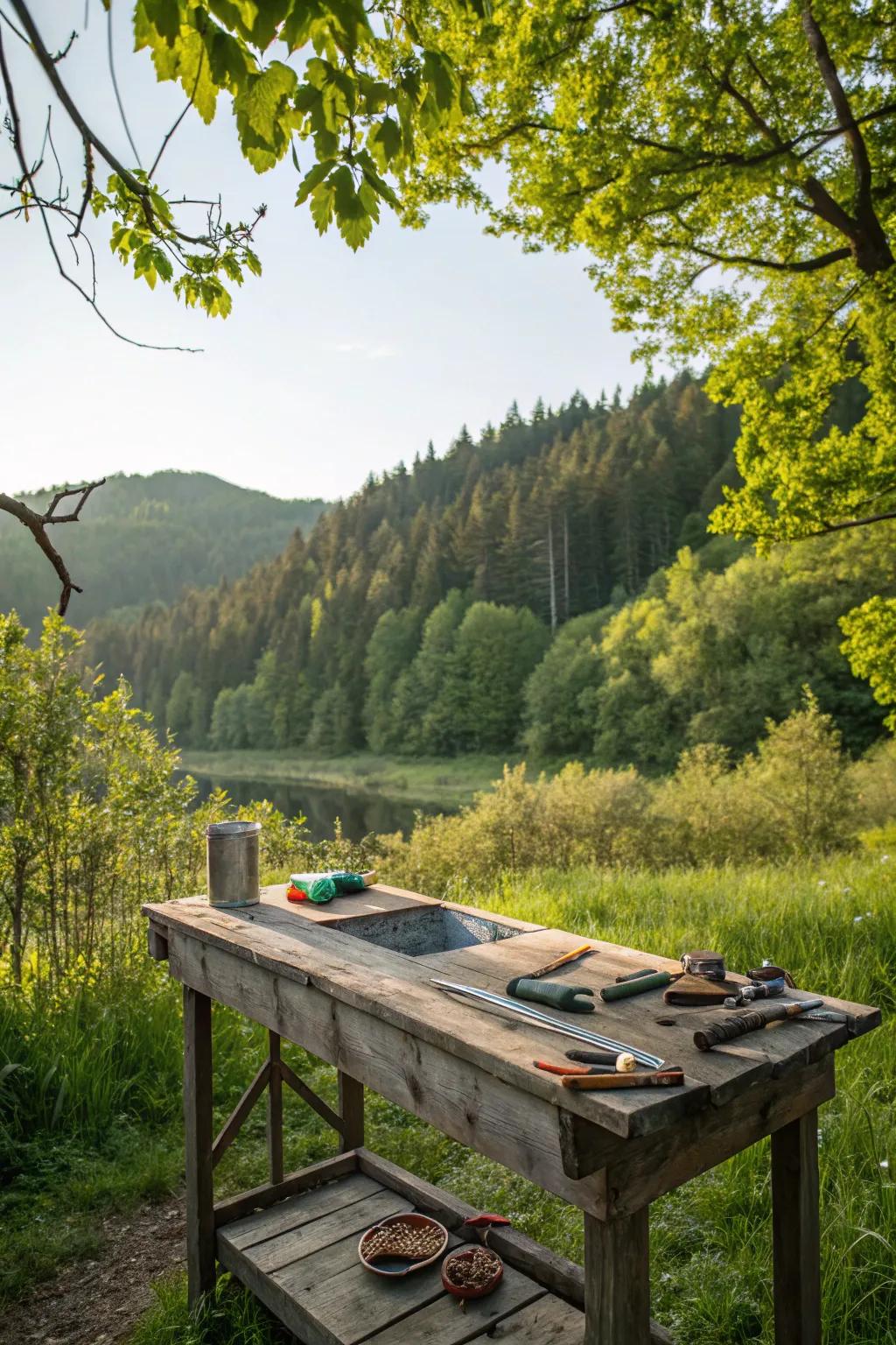 A functional and aesthetically pleasing rustic wooden table.
