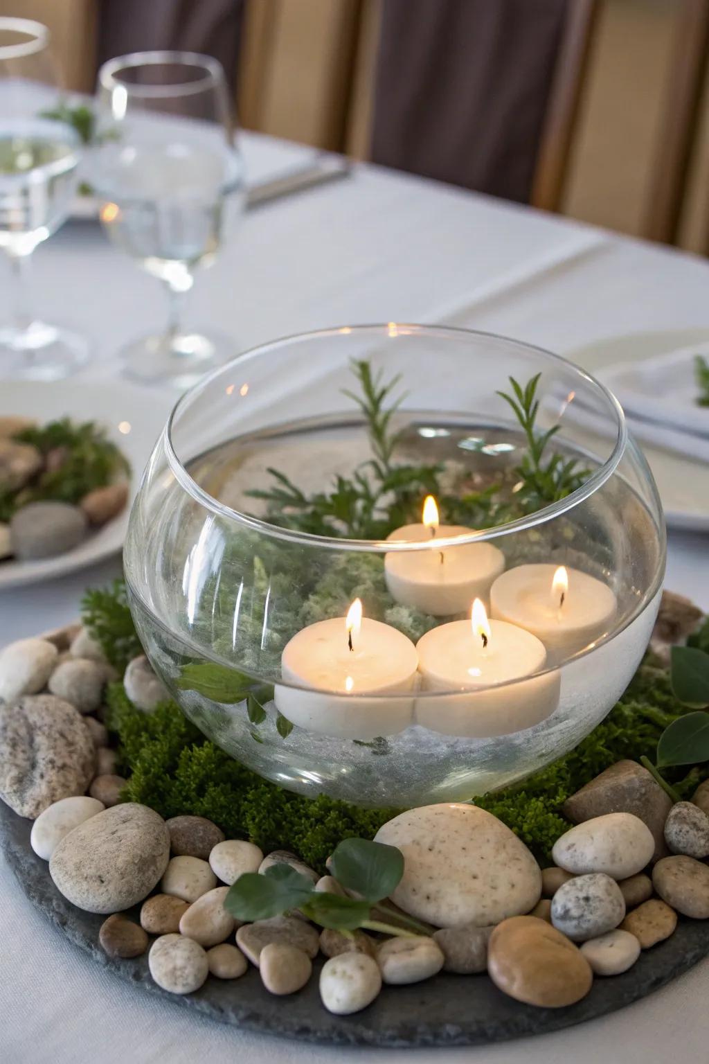 A calm ambiance is created by levitation lights in a crystal bowl.