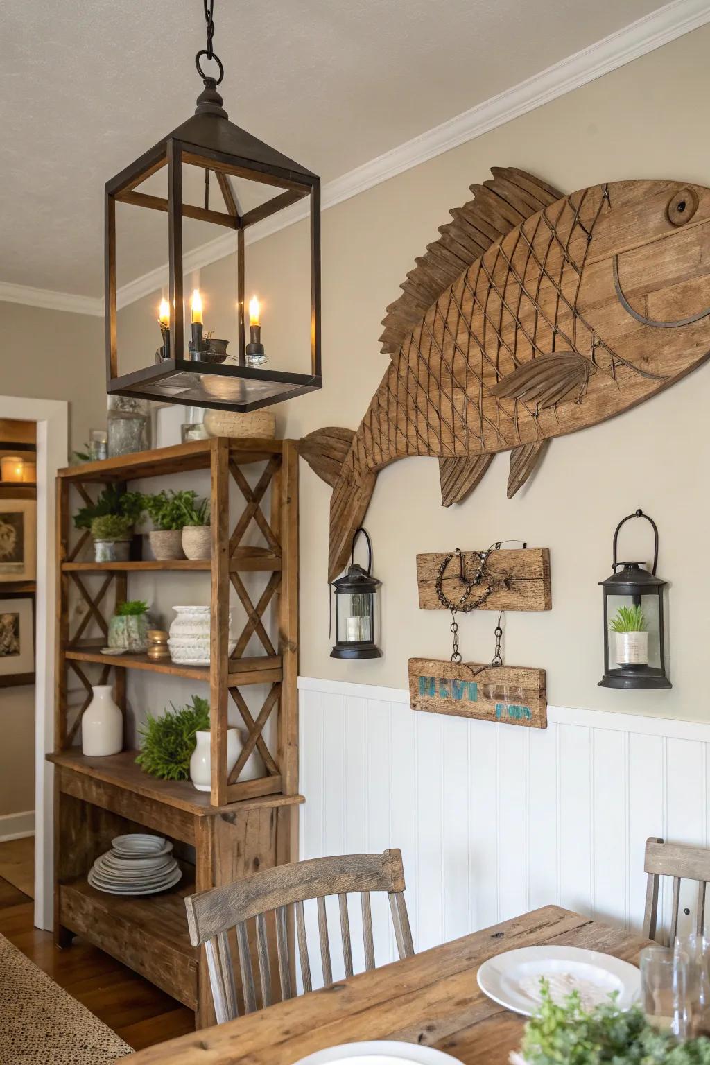 Timber piscine artwork enriches any space with country-style allure.