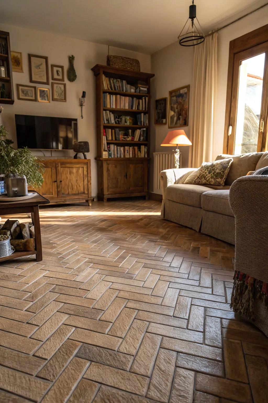 Herringbone pavers create a sense of motion in living areas.