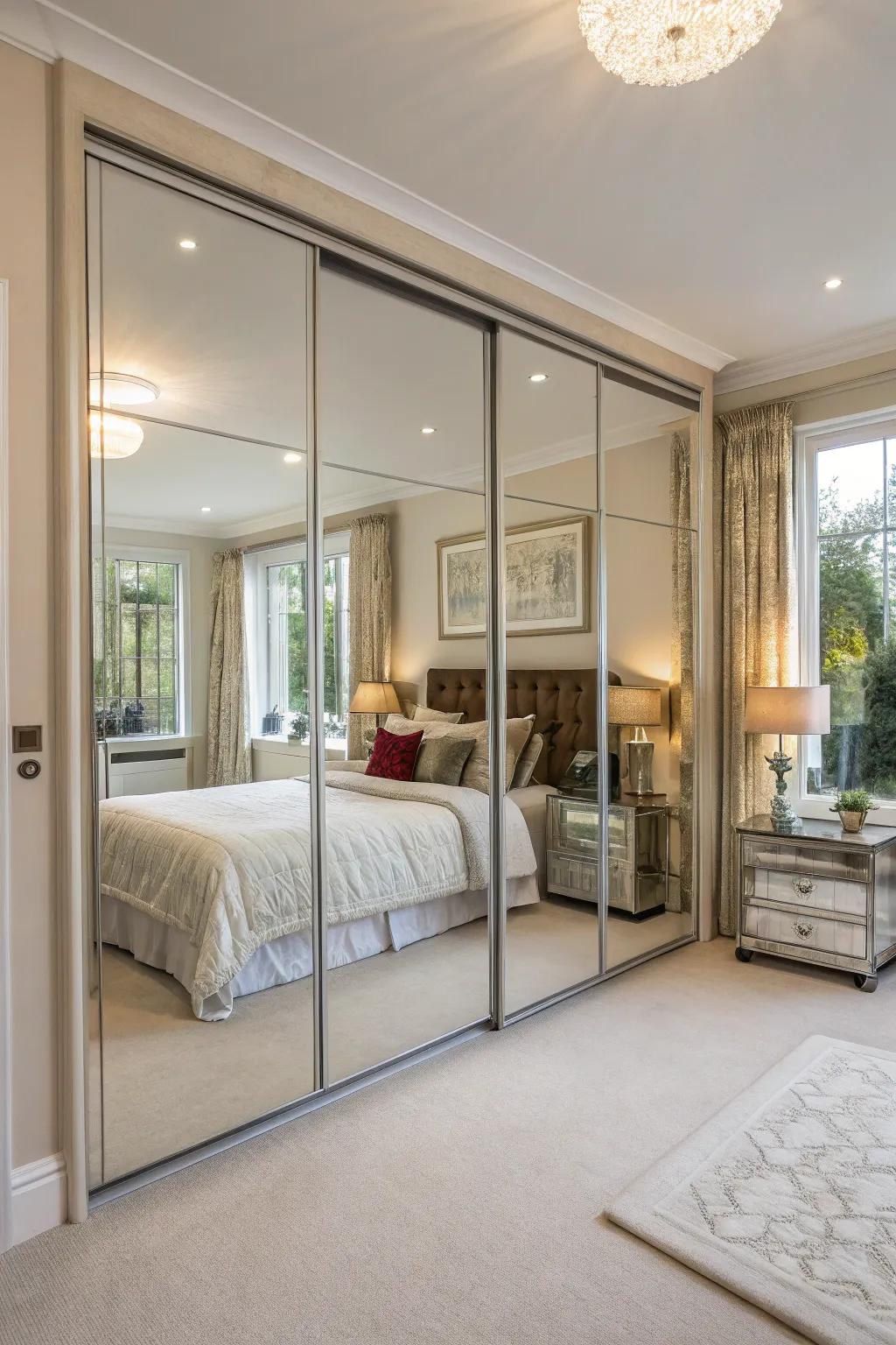 Mirrored doors add dimension and luminosity, enhancing the room’s feel.