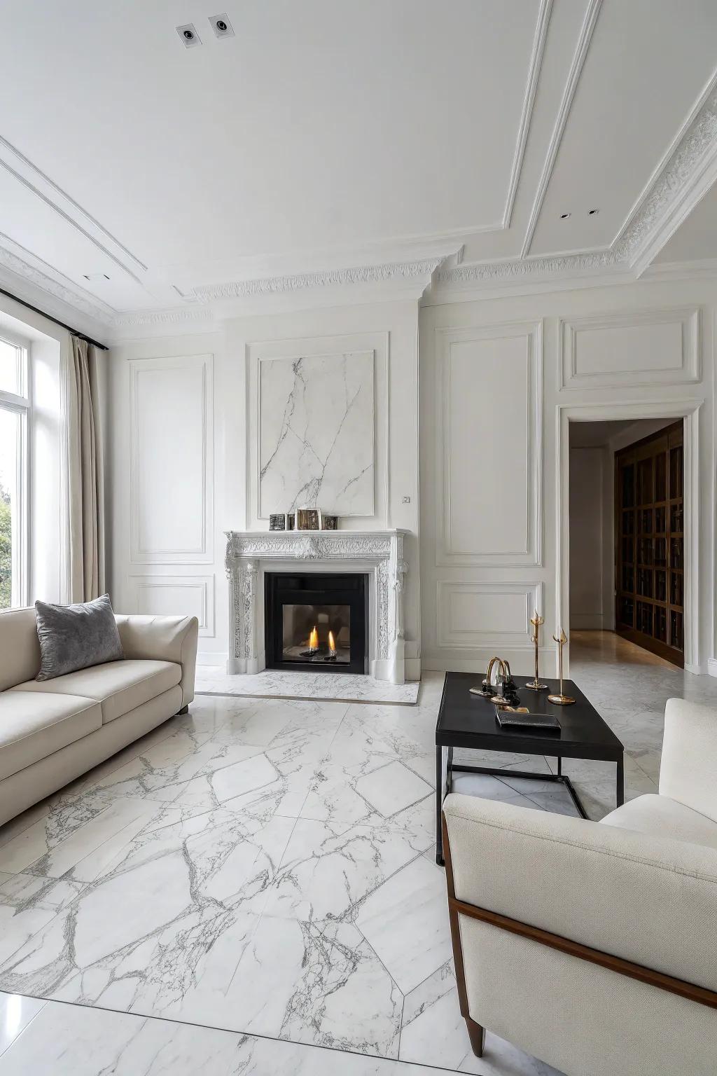 A minimalist space showcasing a sleek marble floor-to-ceiling fireplace.
