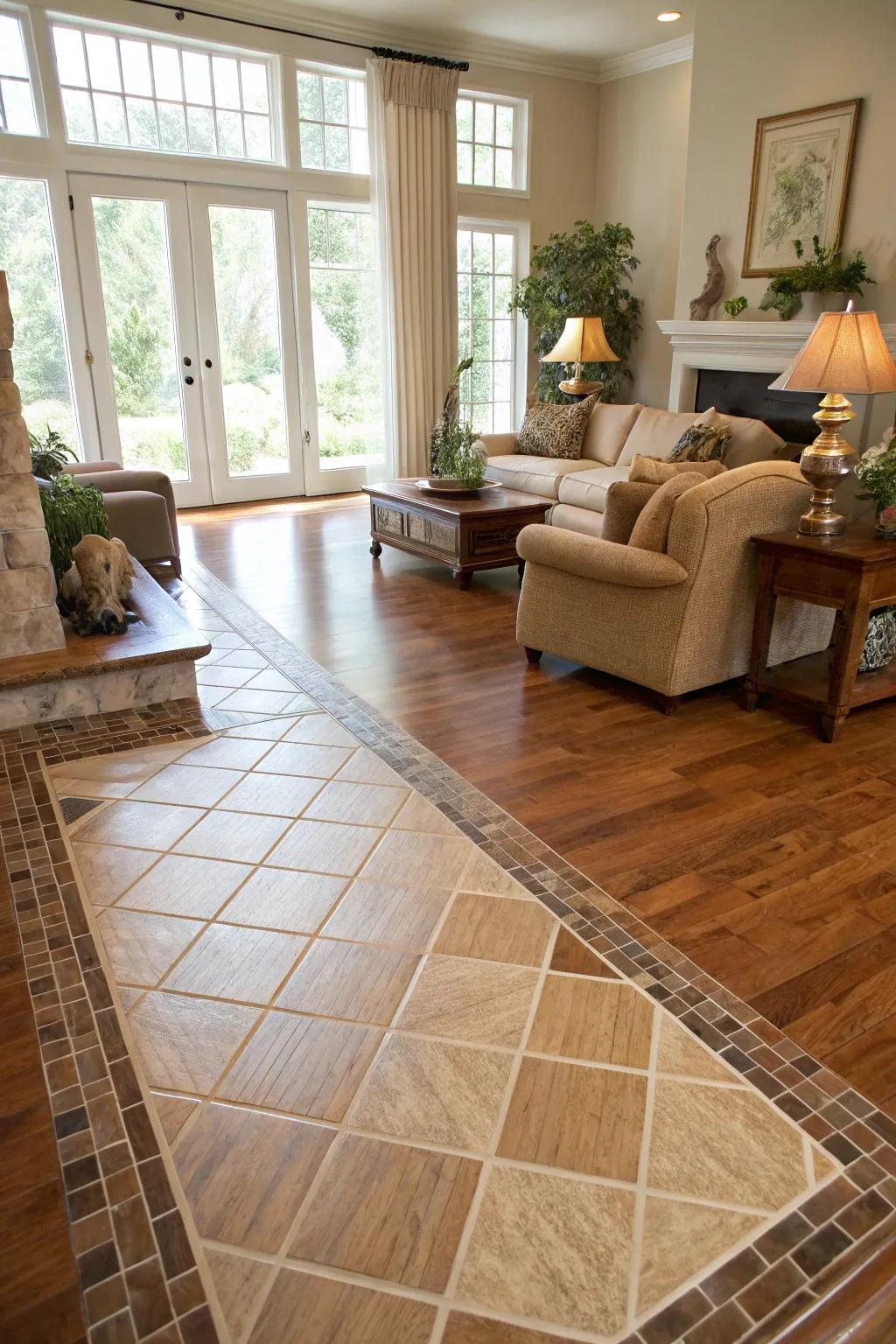 Diagonal transition adds a dynamic twist to the flooring.