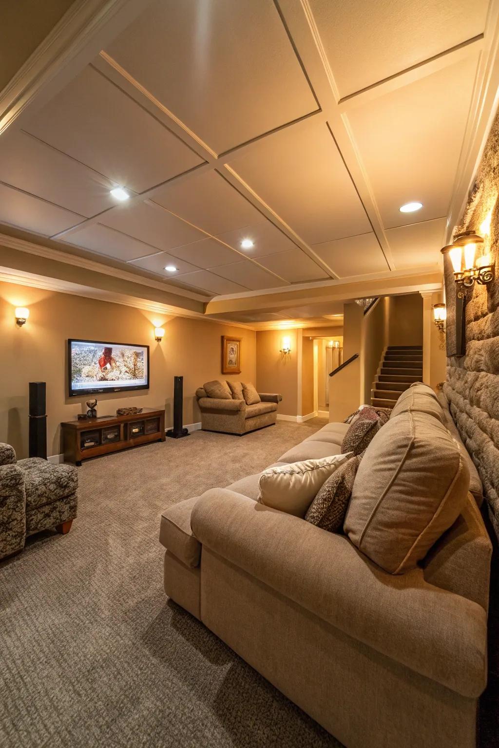 Soft carpet turns your basement into a relaxing sanctuary.