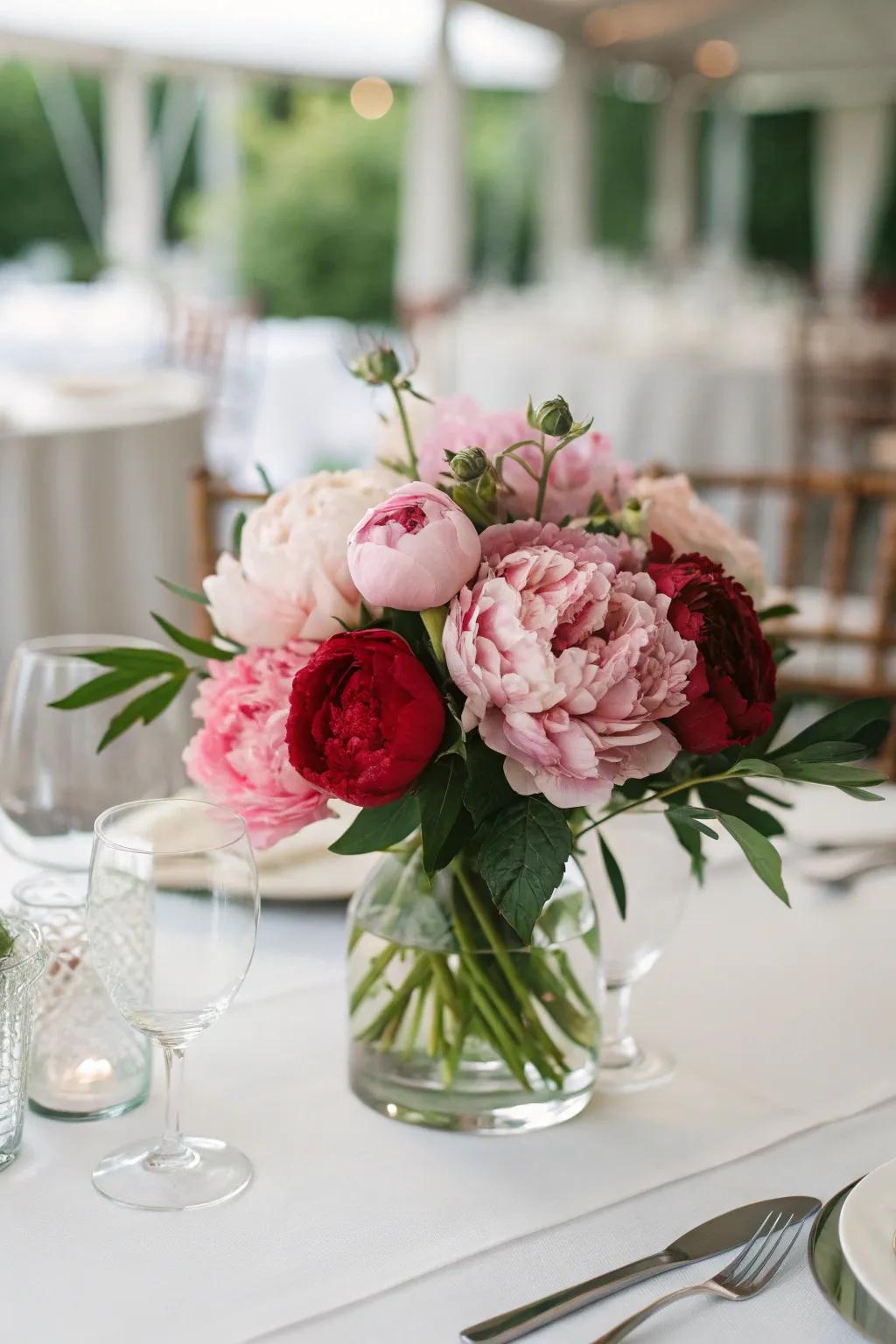 A refined peony centerpiece showcased in a glass container, ideal for bringing a touch of luxury into your home.