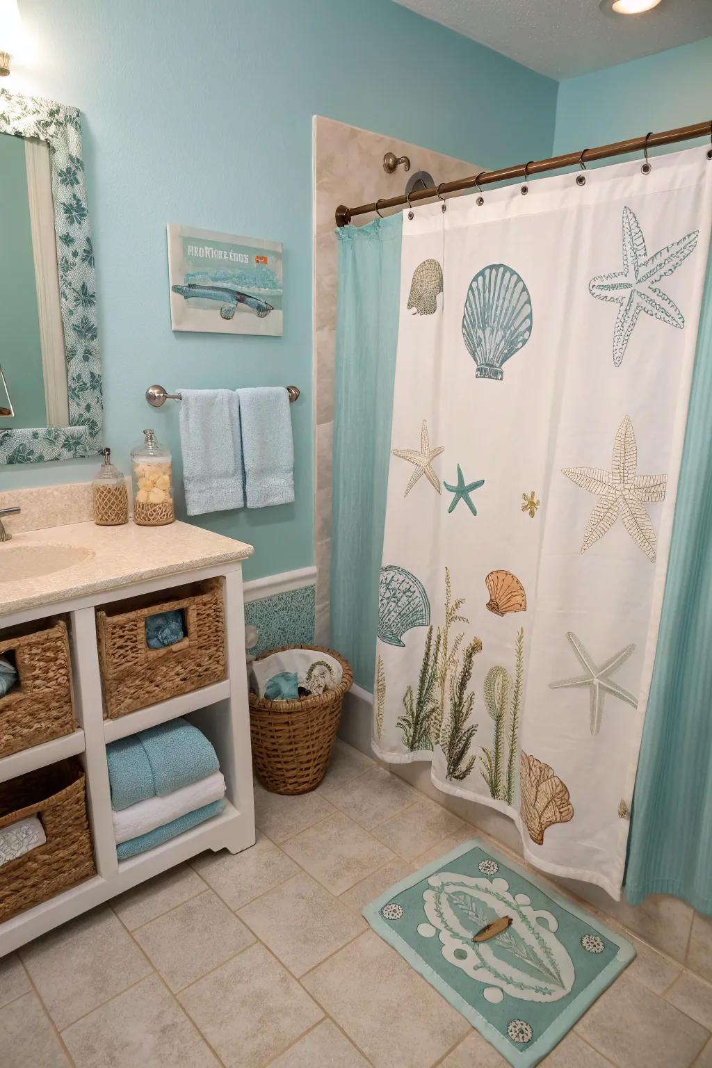 A seaside color palette transports the beach directly into your bathroom.