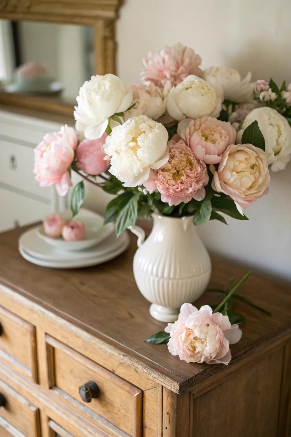 A dreamy arrangement featuring peonies in soft pastel hues.