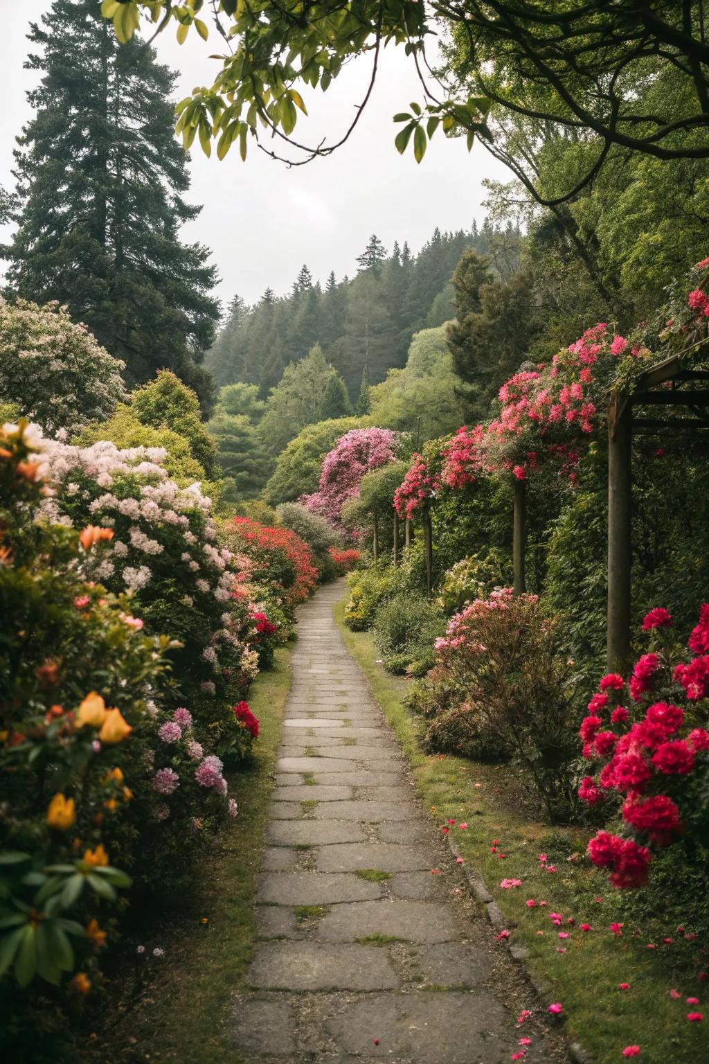 A scenic garden walkway bordered by blossoming flowers.