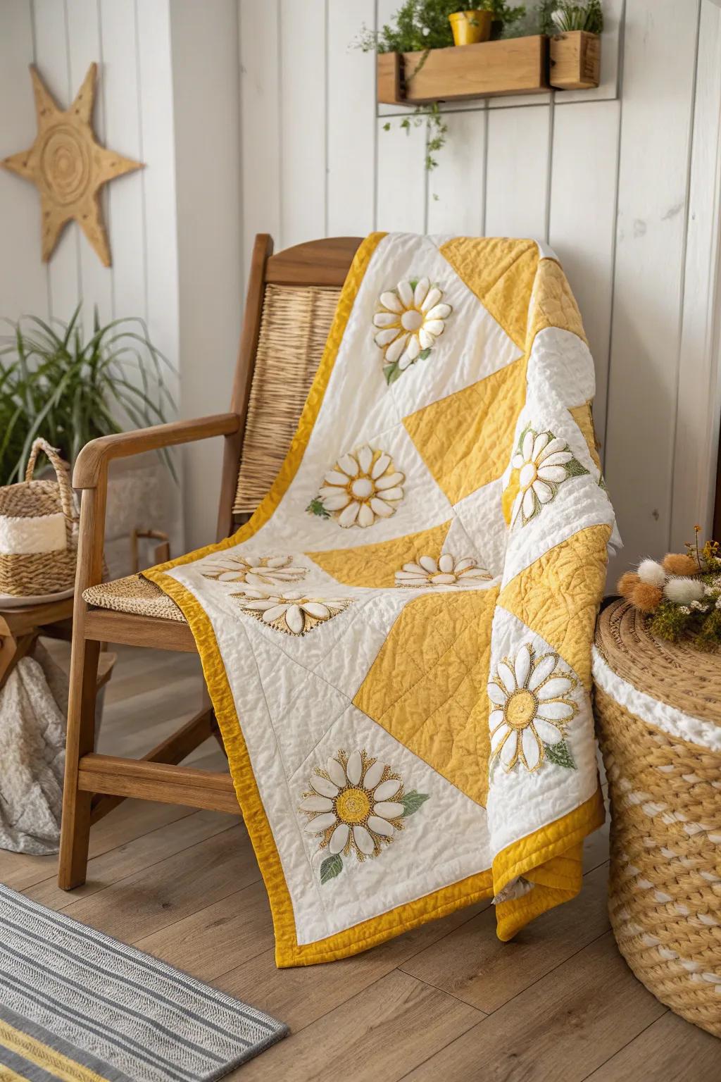 Capture the essence of sunlight with this delightful daisy sequence quilt design, ideal for bringing a hint of warmth and sophistication into your area.