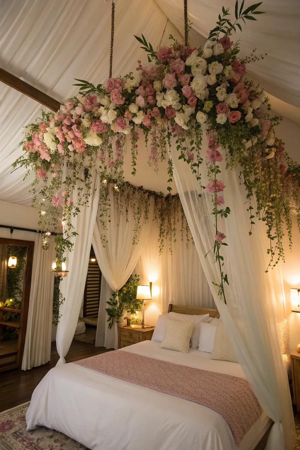 Fill your sleeping space with romance with the hanging flower feature.